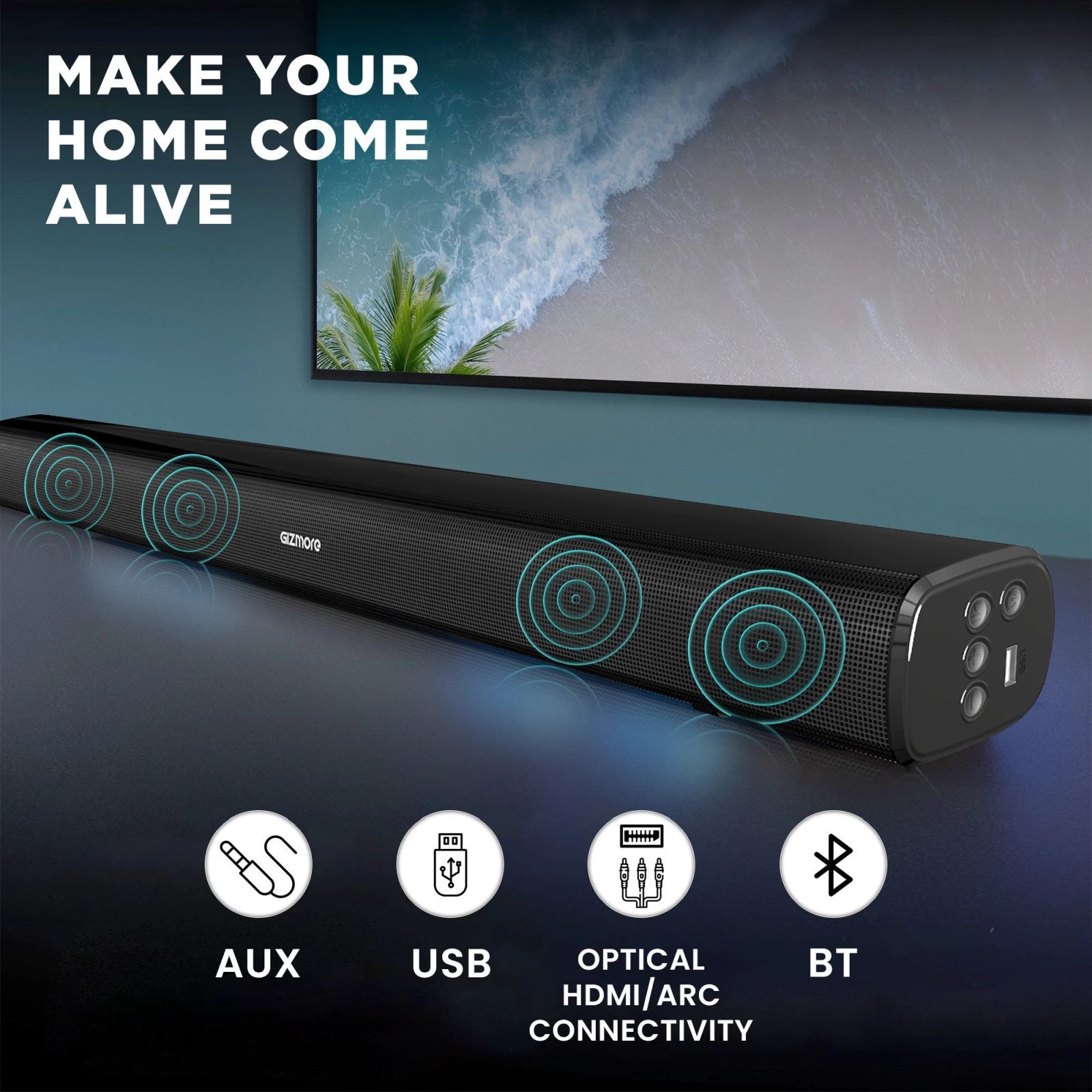 GIZmore BAR6100 60W Bluetooth Soundbar with Remote (360 Degree Surround Sound, 2.0 Channel, Black)_4