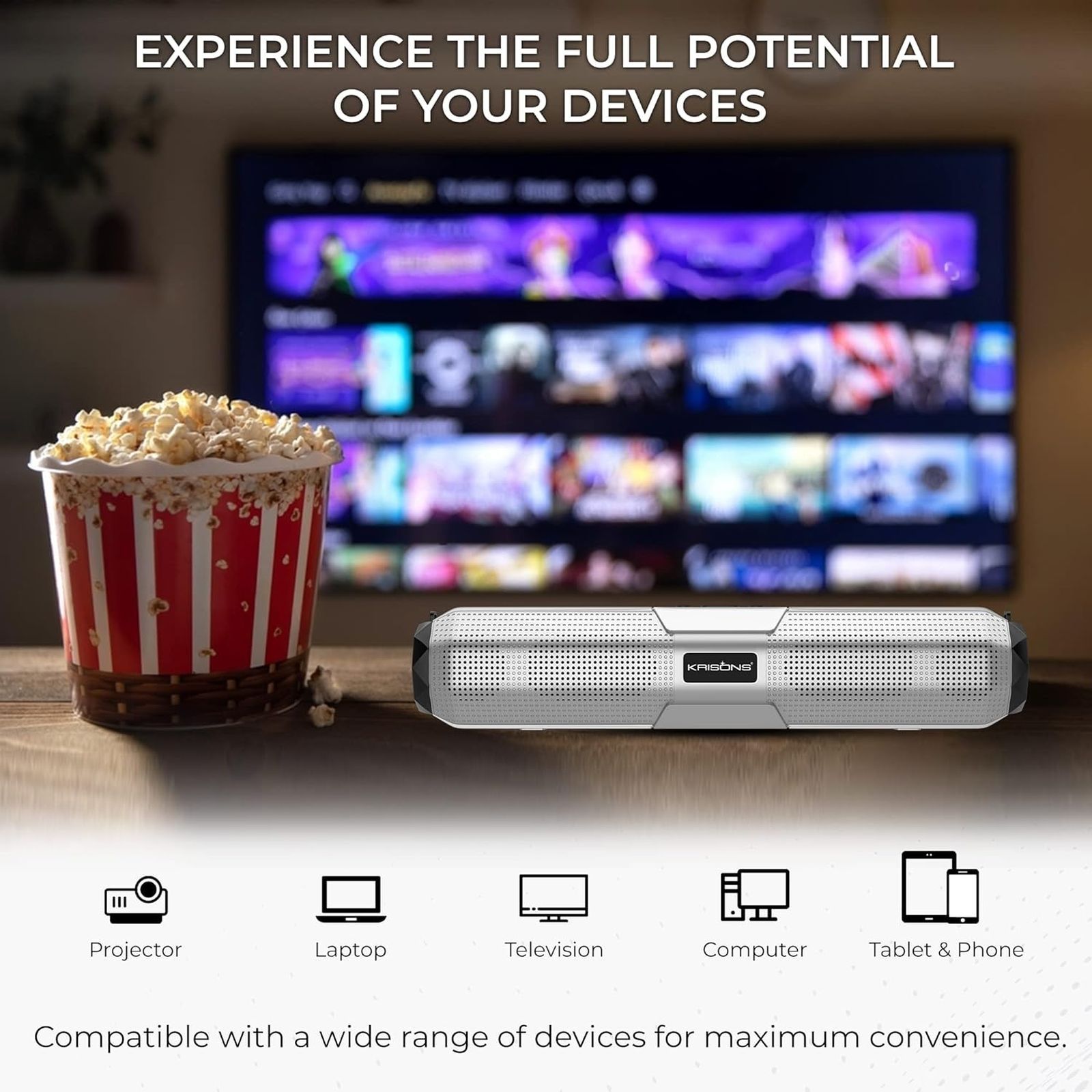 Krisons WonderBar 20W Bluetooth Soundbar (Deep Bass Audio, 5.0 Channel, Silver)_7