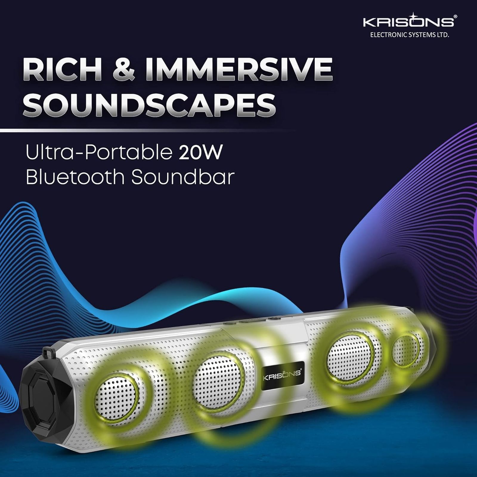 Krisons WonderBar 20W Bluetooth Soundbar (Deep Bass Audio, 5.0 Channel, Silver)_4