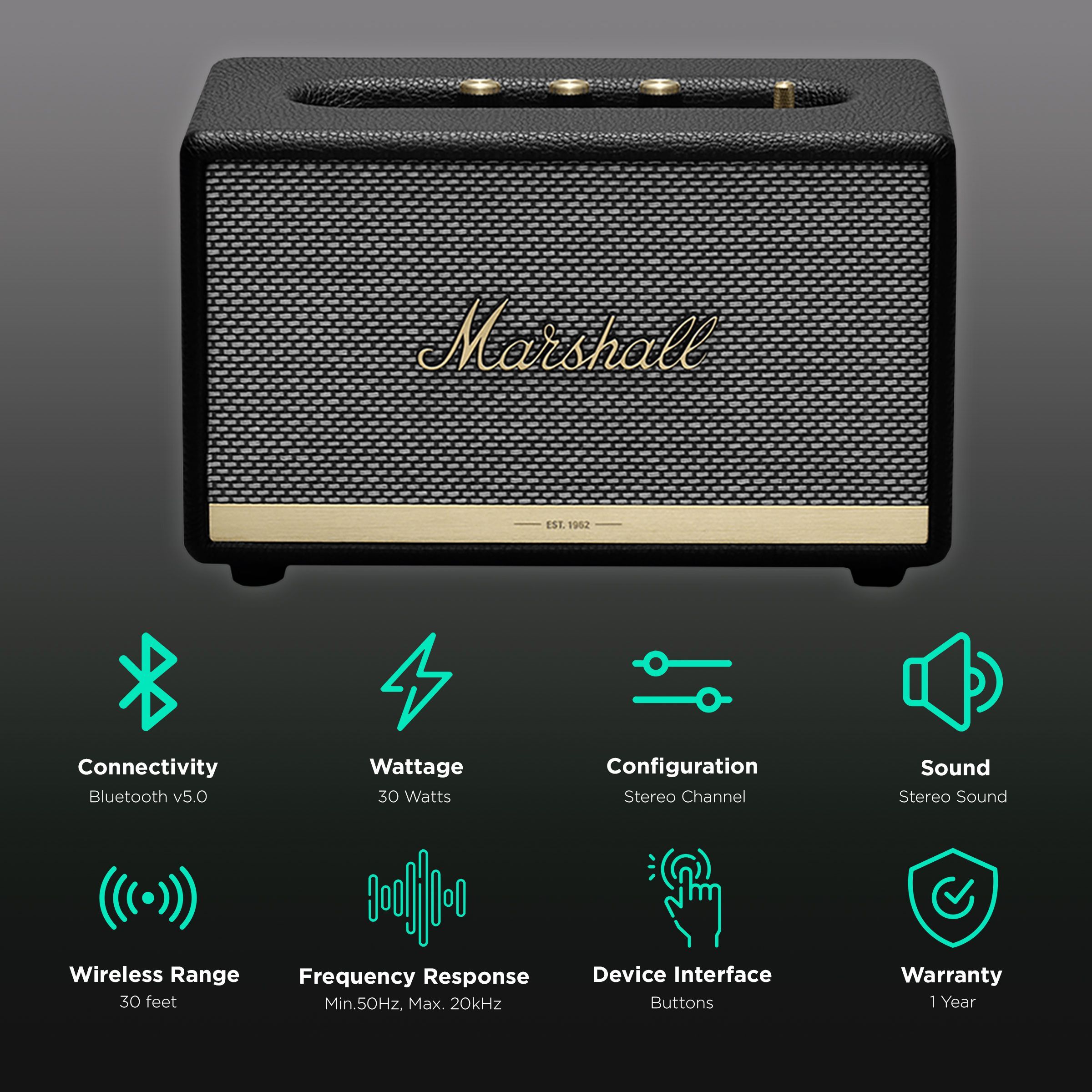 Marshall Acton II 30W Bluetooth Speaker (Multi-Host Functionality, Stereo Channel, Black)_2