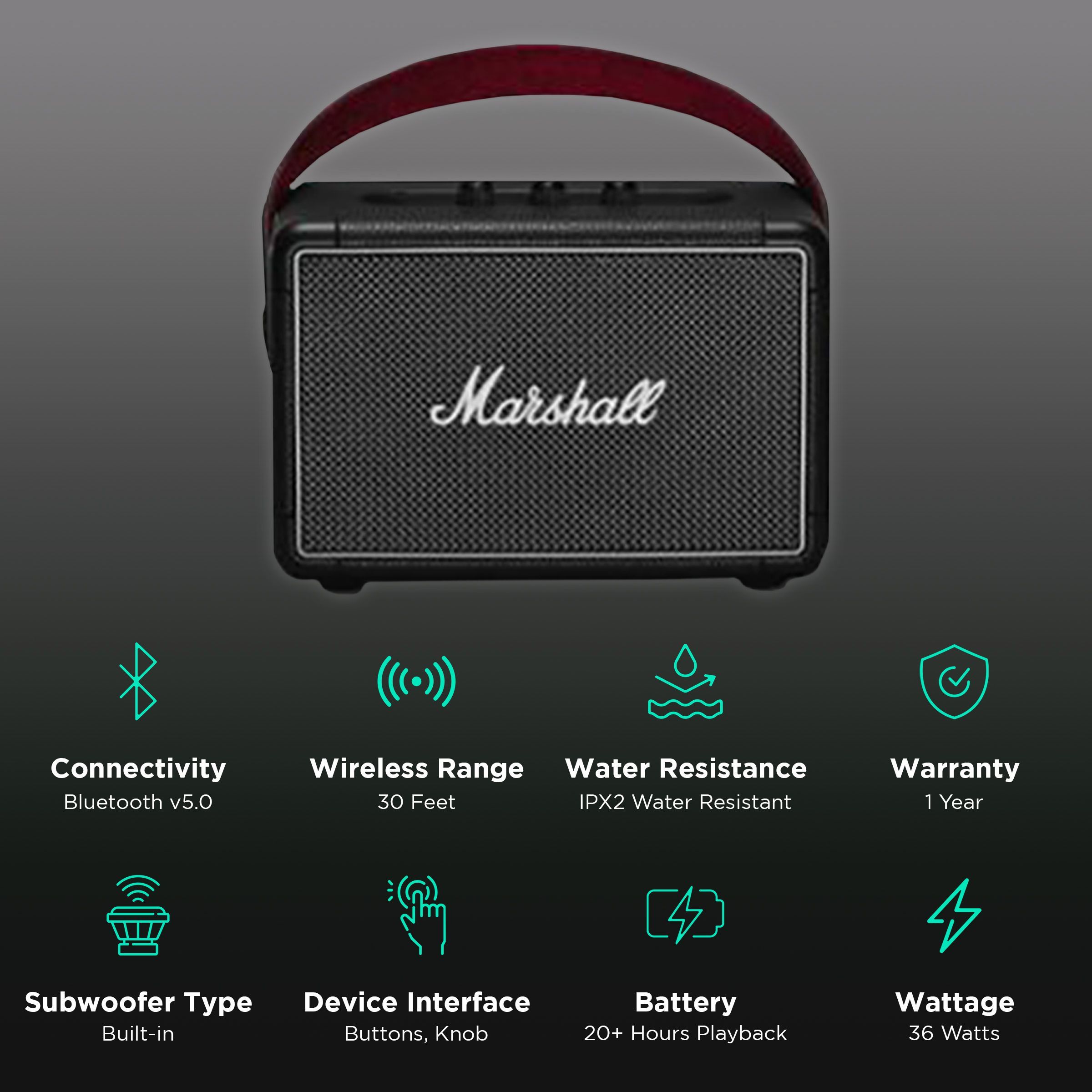 Marshall Kilburn II 36W Portable Bluetooth Speaker (IPX2 Water Resistant, Multi Directional Sound, Stereo Channel, Black)_2
