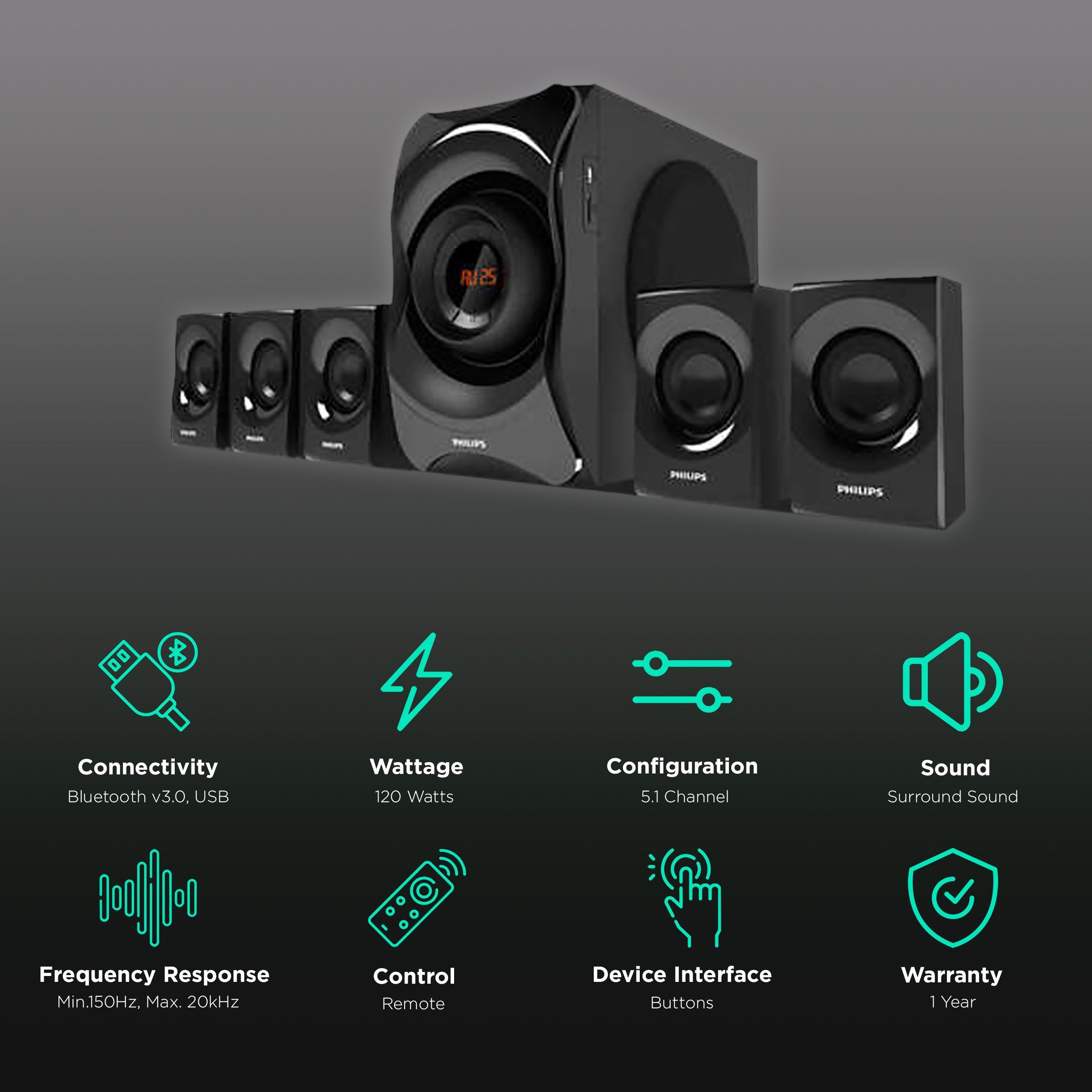 PHILIPS 120W Multimedia Speaker (Surround Sound, 5.1 Channel, Black) PHILIPS 120W Multimedia Speaker (Surround Sound, 5.1 Channel, Black)_2