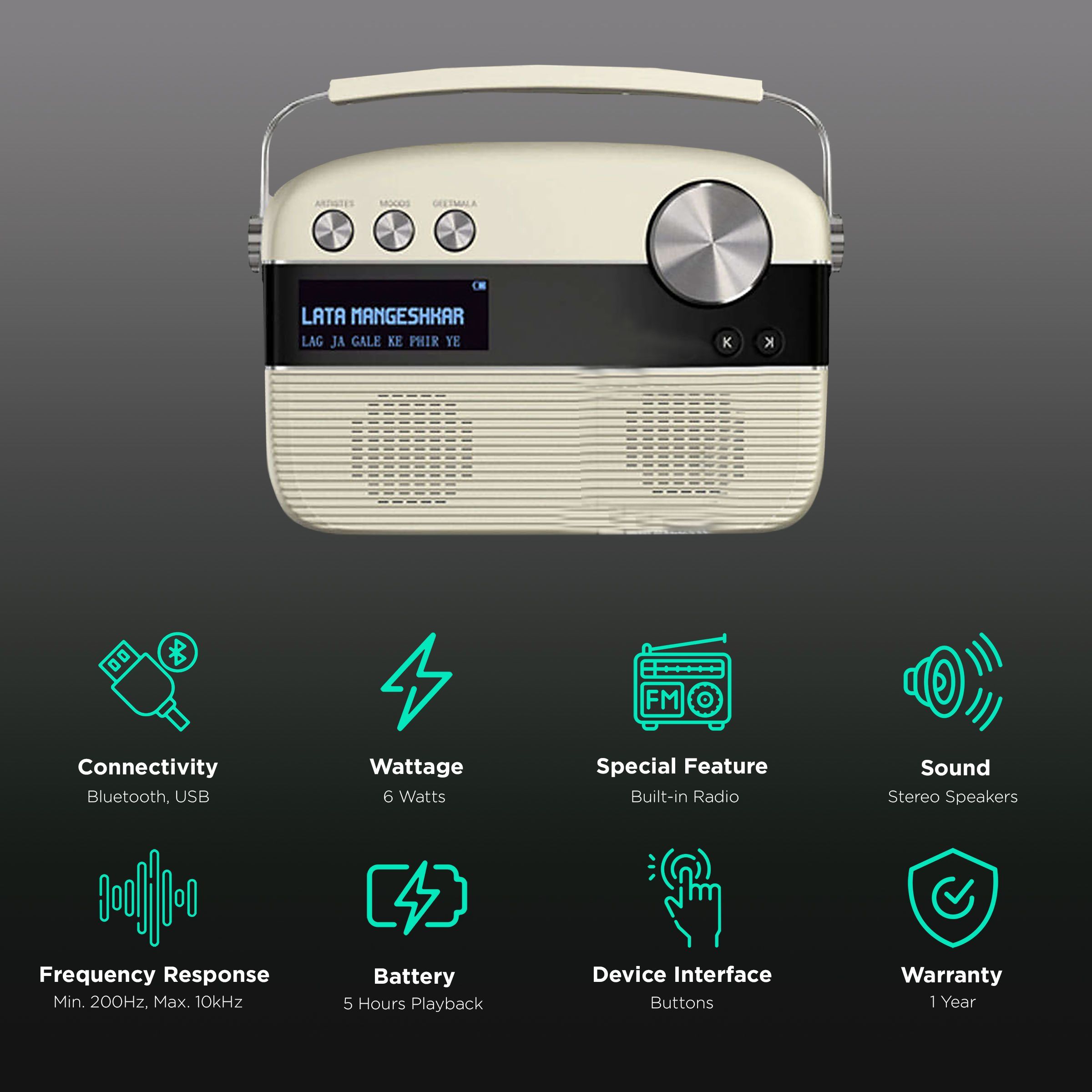 SAREGAMA Carvaan 6W Portable Bluetooth Speaker (5 Hours Playtime, Porcelain White)_2