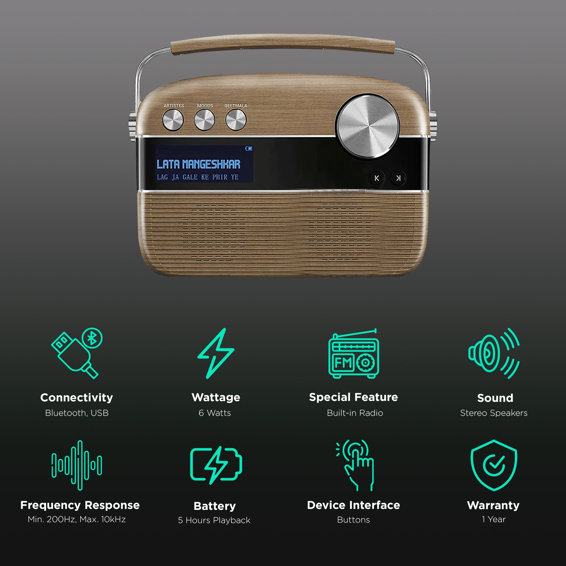 SAREGAMA Carvaan 6W Portable Bluetooth Speaker (5 Hours Playtime, Oakwood Brown)_2