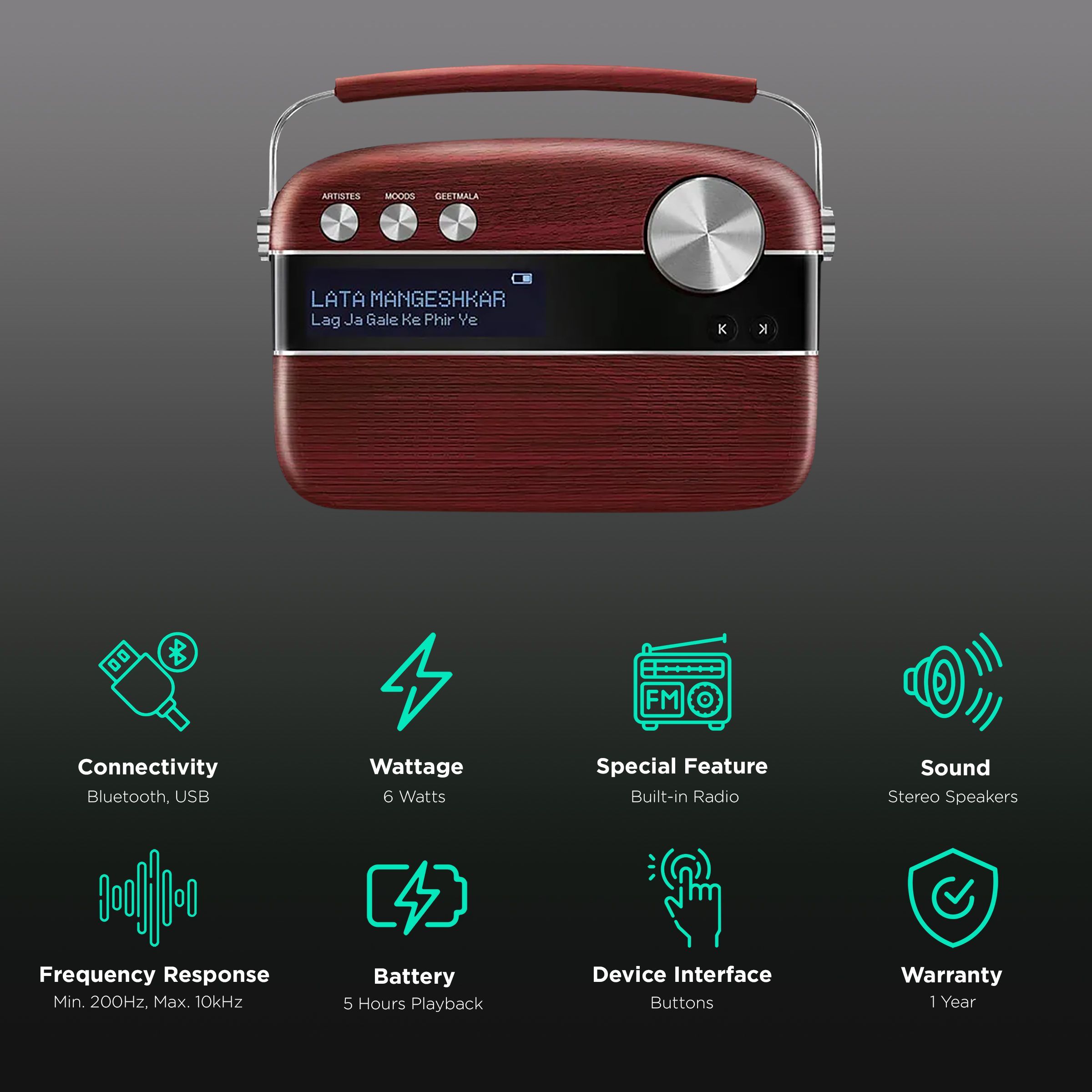 SAREGAMA Carvaan 6W Portable Bluetooth Speaker (5 Hours Playtime, Cherrywood Red)_2