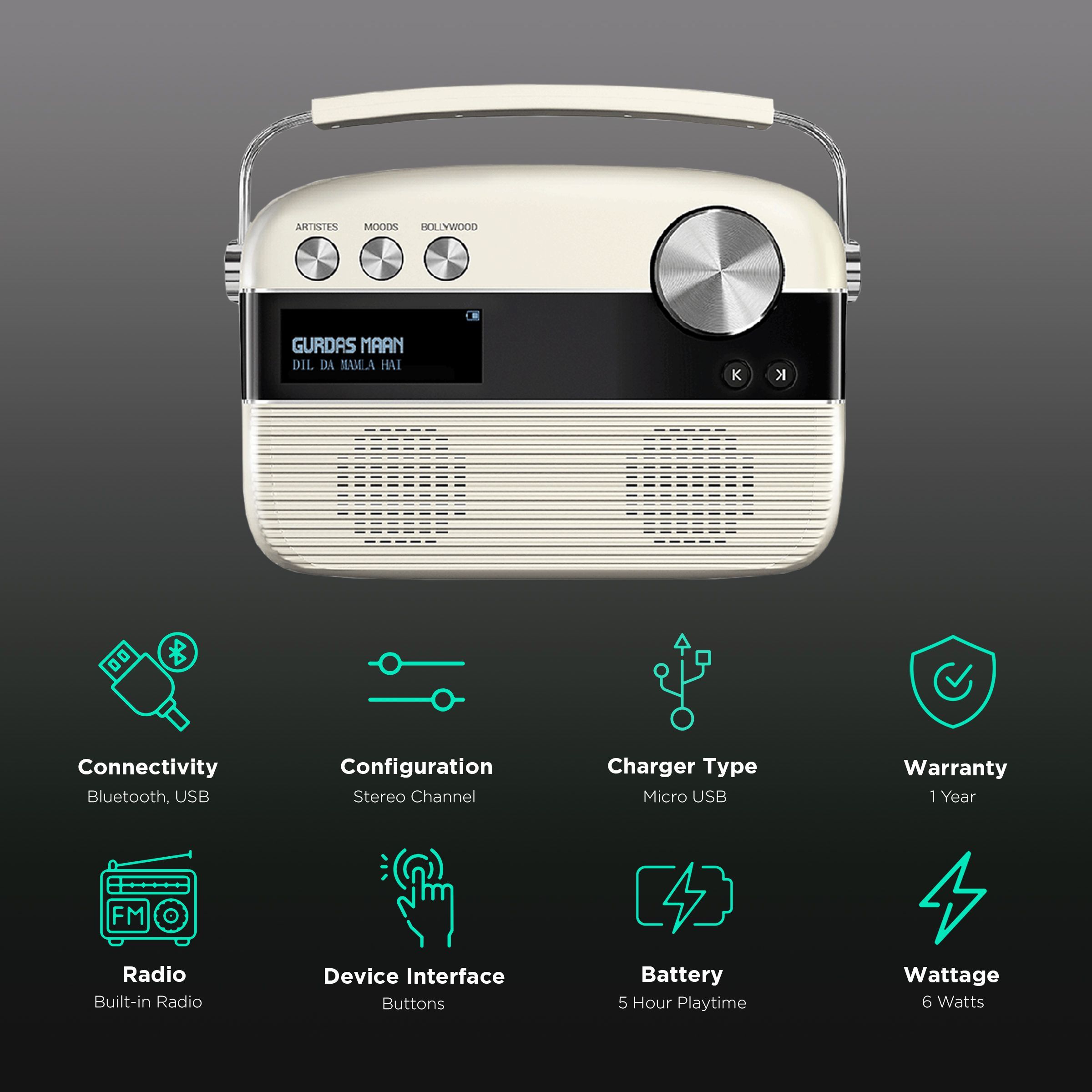 SAREGAMA Carvaan 6W Portable Bluetooth Speaker (5000 Pre Loaded Songs, Stereo Channel, White)_2