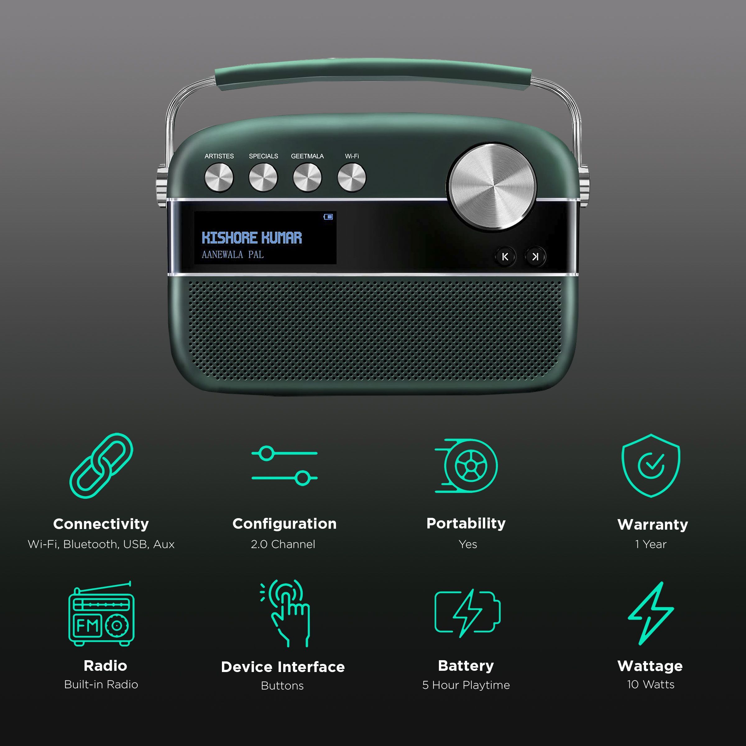 SAREGAMA Carvaan 2.0 Wi-Fi Digital Audio Player (R20020, Emerald Green)_2
