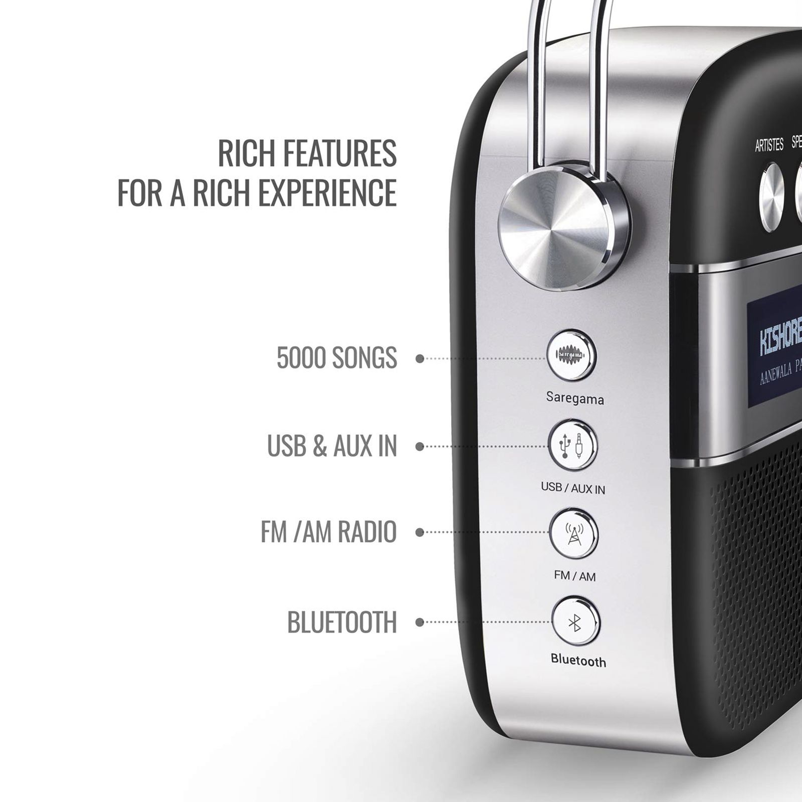 SAREGAMA Carvaan 10W Portable Bluetooth Speaker (5000 Pre Loaded Songs, 2.0 Channel, Classic Black)_16