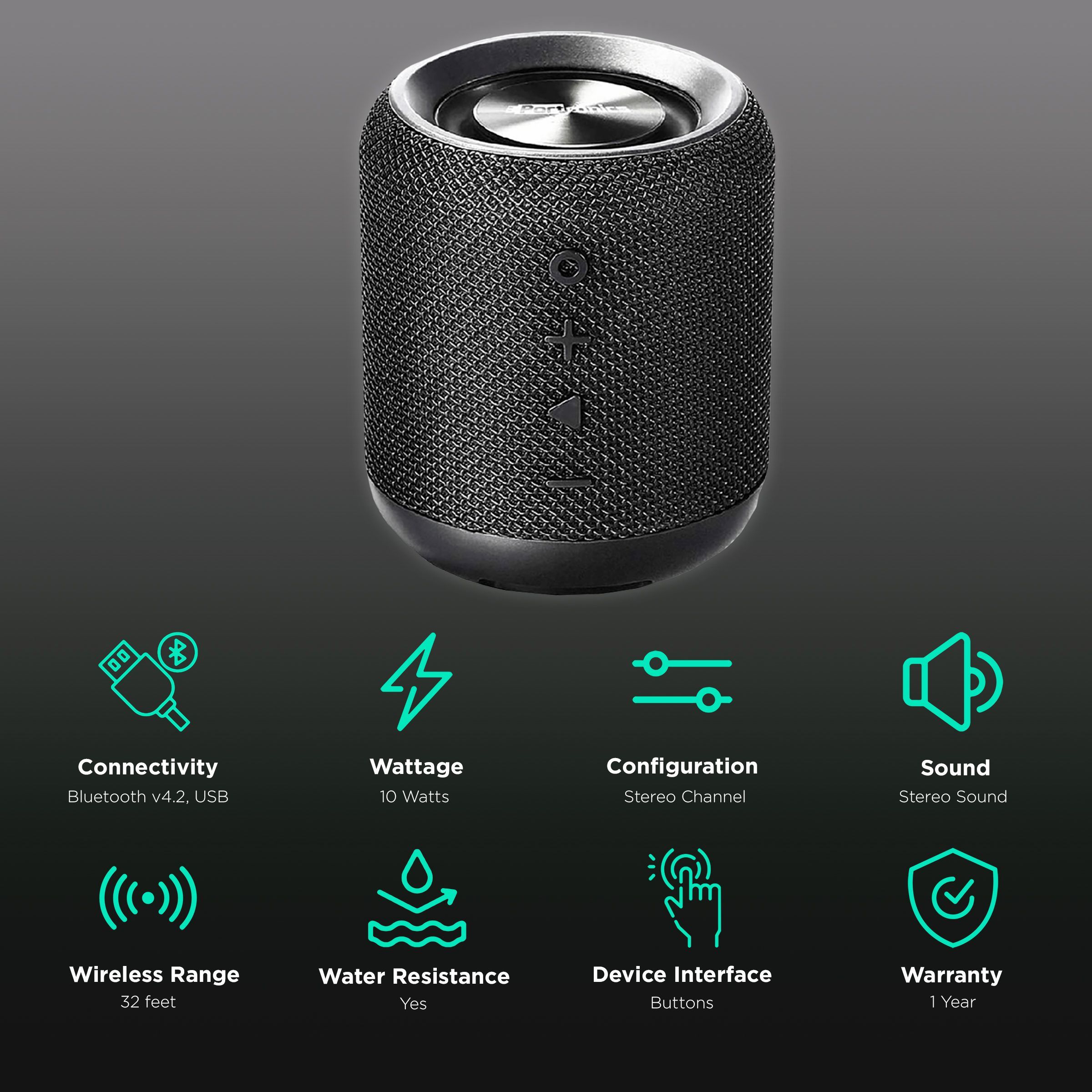 PORTRONICS SoundDrum 10W Portable Bluetooth Speaker (Water Resistant, 7 Hours Playtime, Stereo Channel, Black)_2