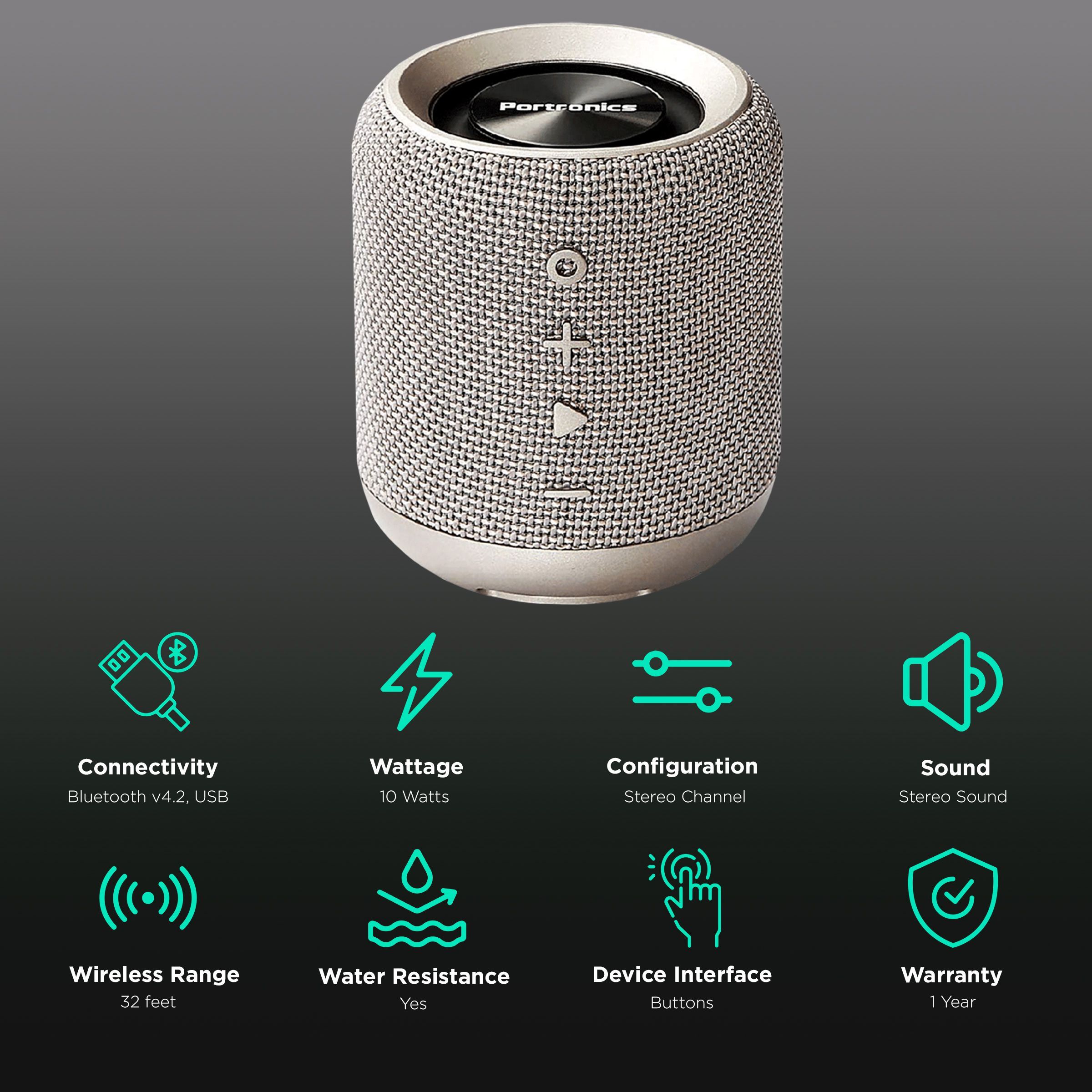 PORTRONICS SoundDrum 10W Portable Bluetooth Speaker (Water Resistant, 7 Hours Playtime, Stereo Channel, Grey)_2