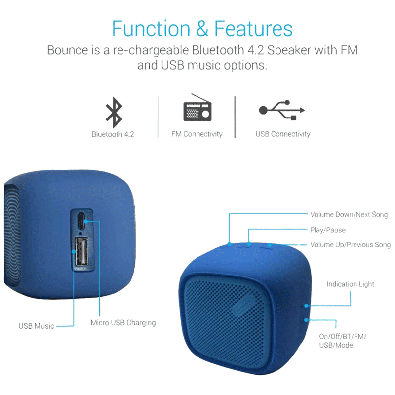PORTRONICS Bounce 5W Portable Bluetooth Speaker (Water Resistant, Thumping Bass, Mono Speaker, Blue) PORTRONICS Bounce 5W Portable Bluetooth Speaker (Water Resistant, Thumping Bass, Mono Speaker, Blue)_6