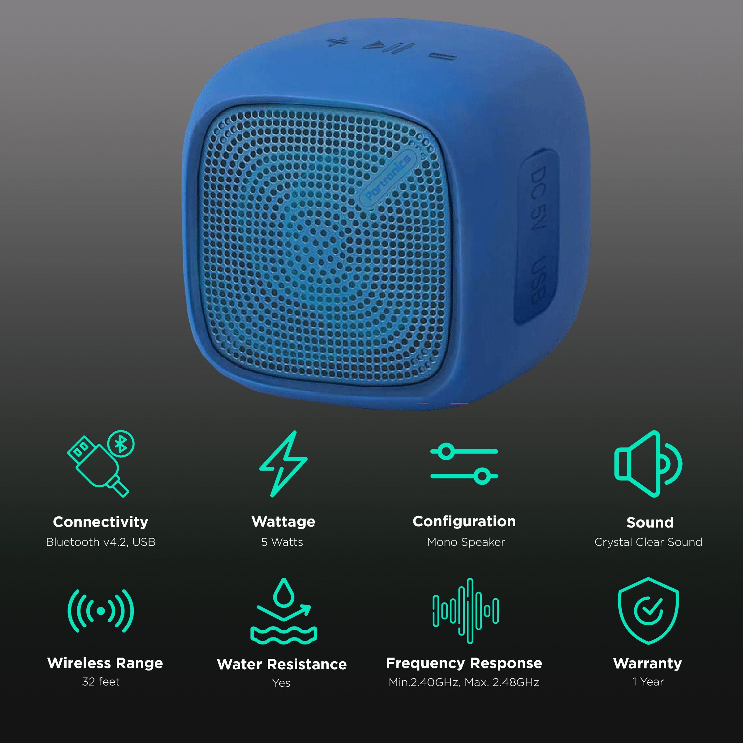 PORTRONICS Bounce 5W Portable Bluetooth Speaker (Water Resistant, Thumping Bass, Mono Speaker, Blue) PORTRONICS Bounce 5W Portable Bluetooth Speaker (Water Resistant, Thumping Bass, Mono Speaker, Blue)_2