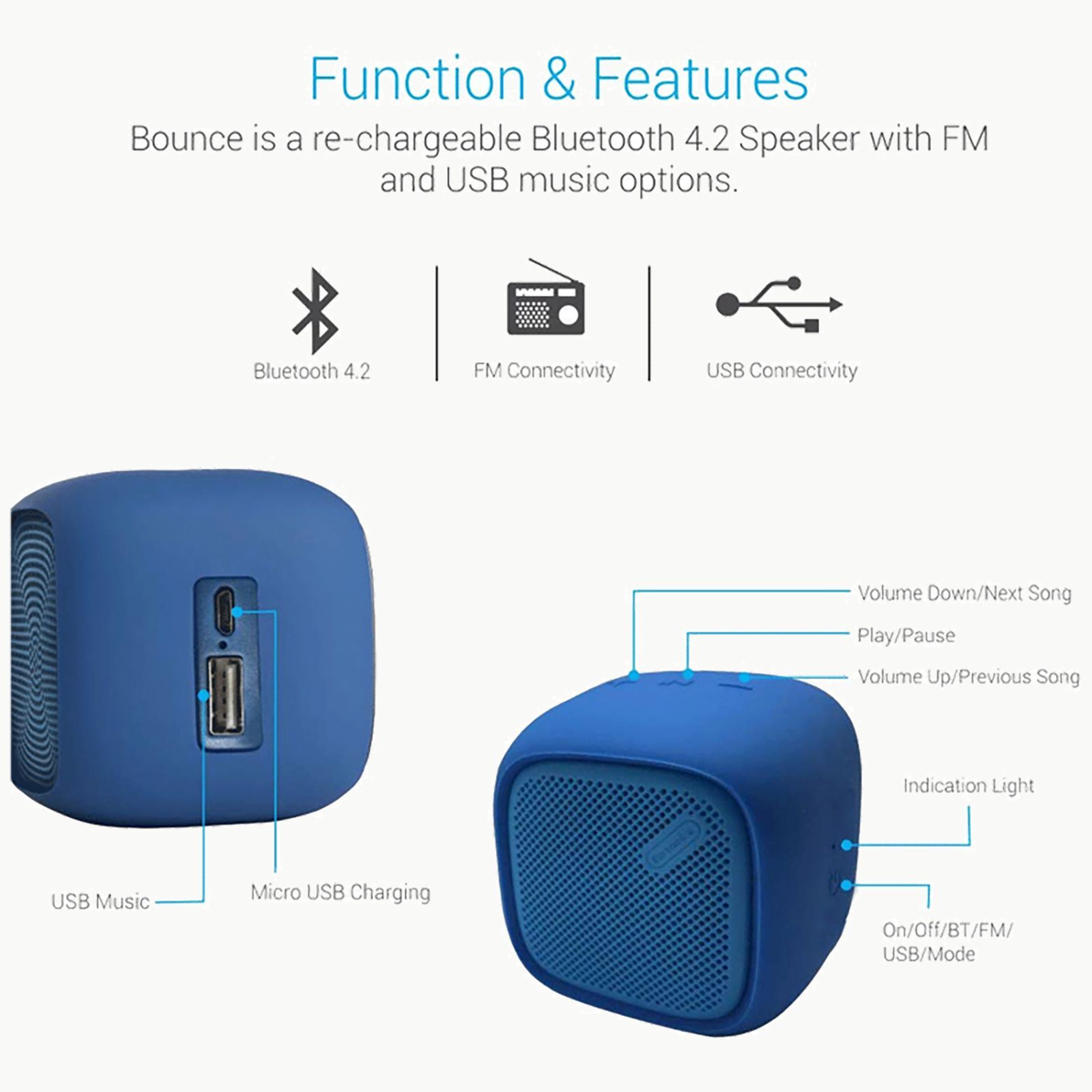 PORTRONICS Bounce 5W Portable Bluetooth Speaker (Water Resistant, Thumping Bass, Mono Speaker, Blue) PORTRONICS Bounce 5W Portable Bluetooth Speaker (Water Resistant, Thumping Bass, Mono Speaker, Blue)_3