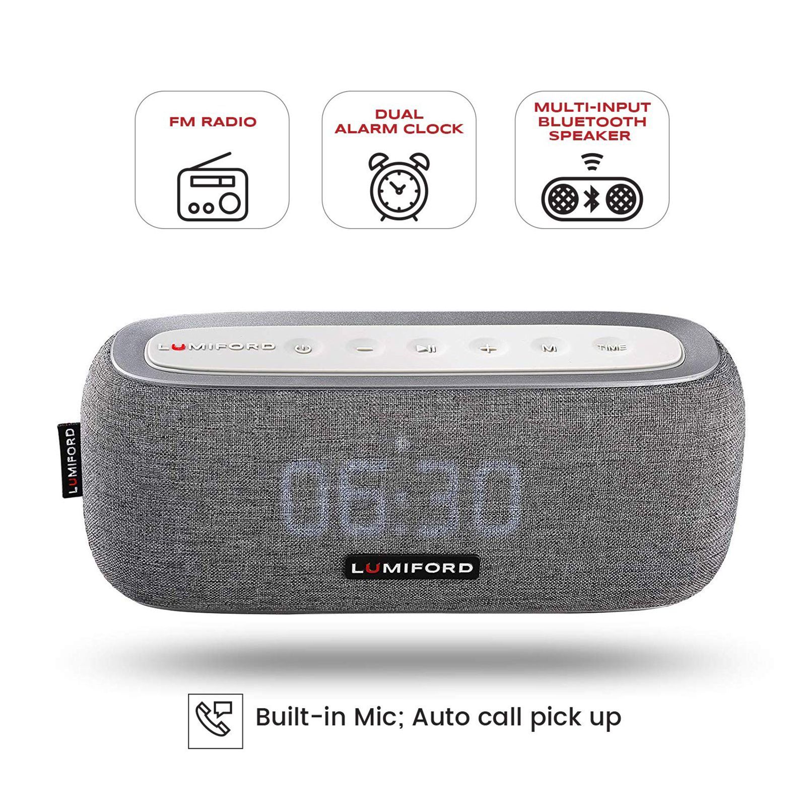 LUMIFORD Digi Clock 3-in-1 10W Portable Bluetooth Speaker (Built-In FM Radio, Stereo Sound, Grey)_9
