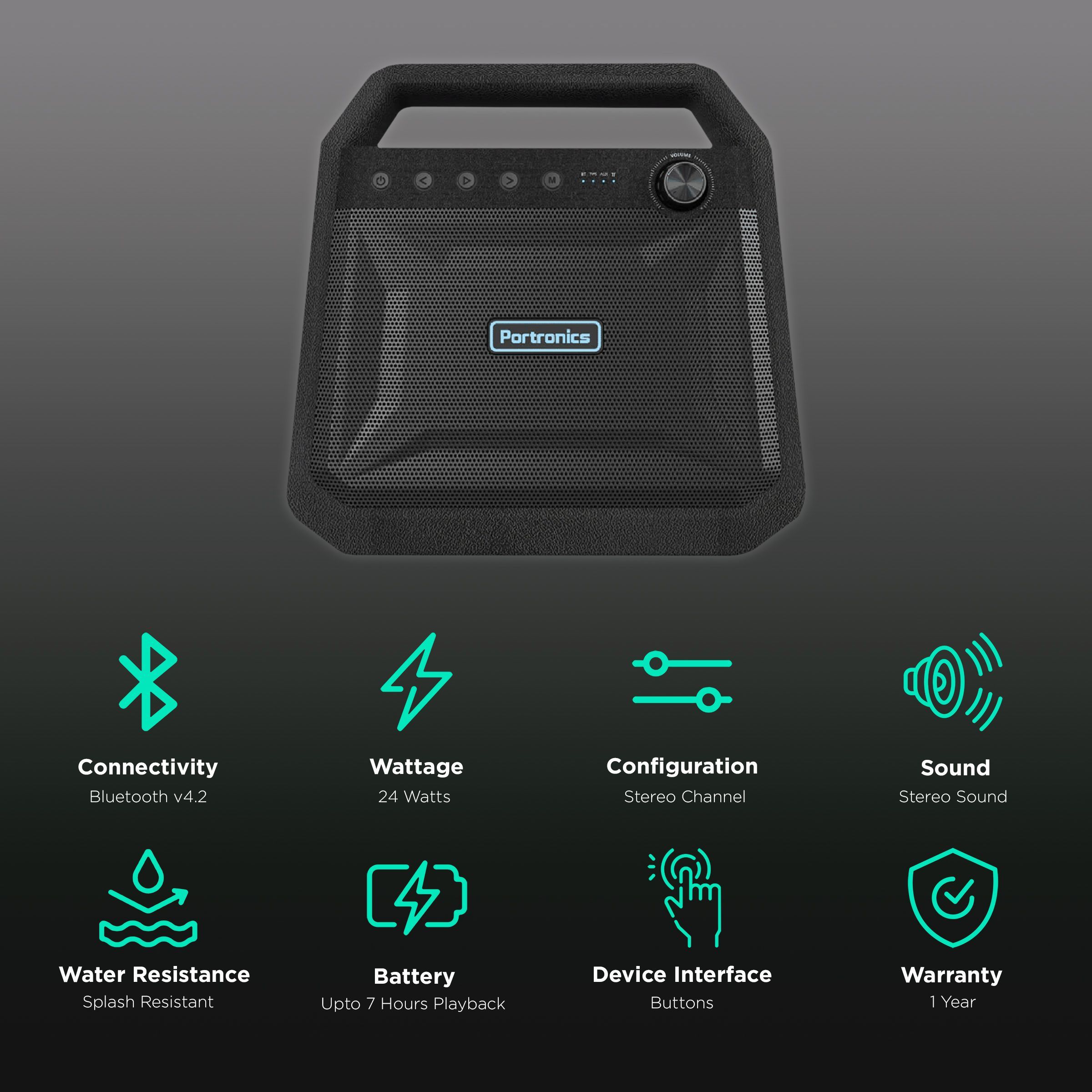 PORTRONICS Roar 24W Portable Bluetooth Speaker (Splash Resistant, Black)_2