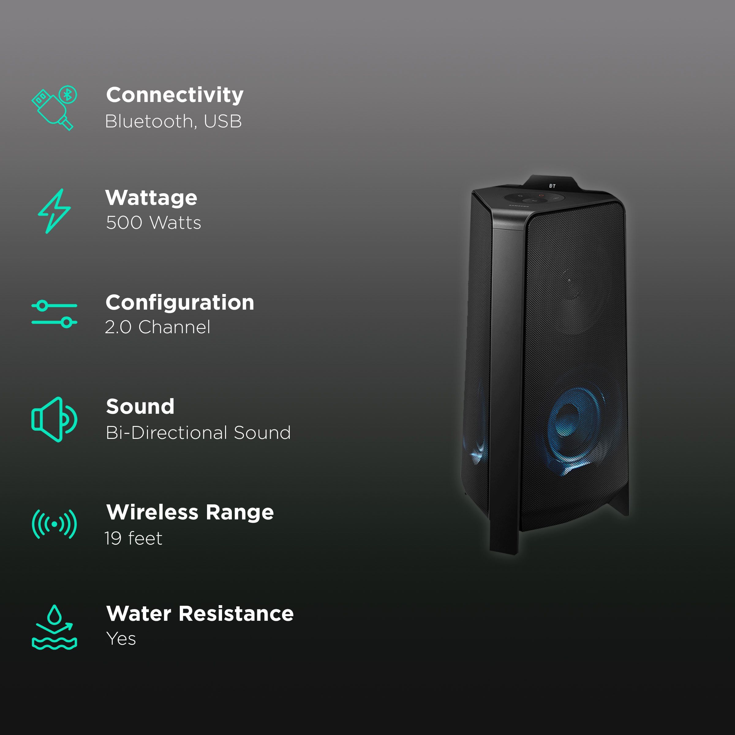 SAMSUNG T50 500W Bluetooth Party Speaker (Water Resistant, 2.0 Channel, Black)_2