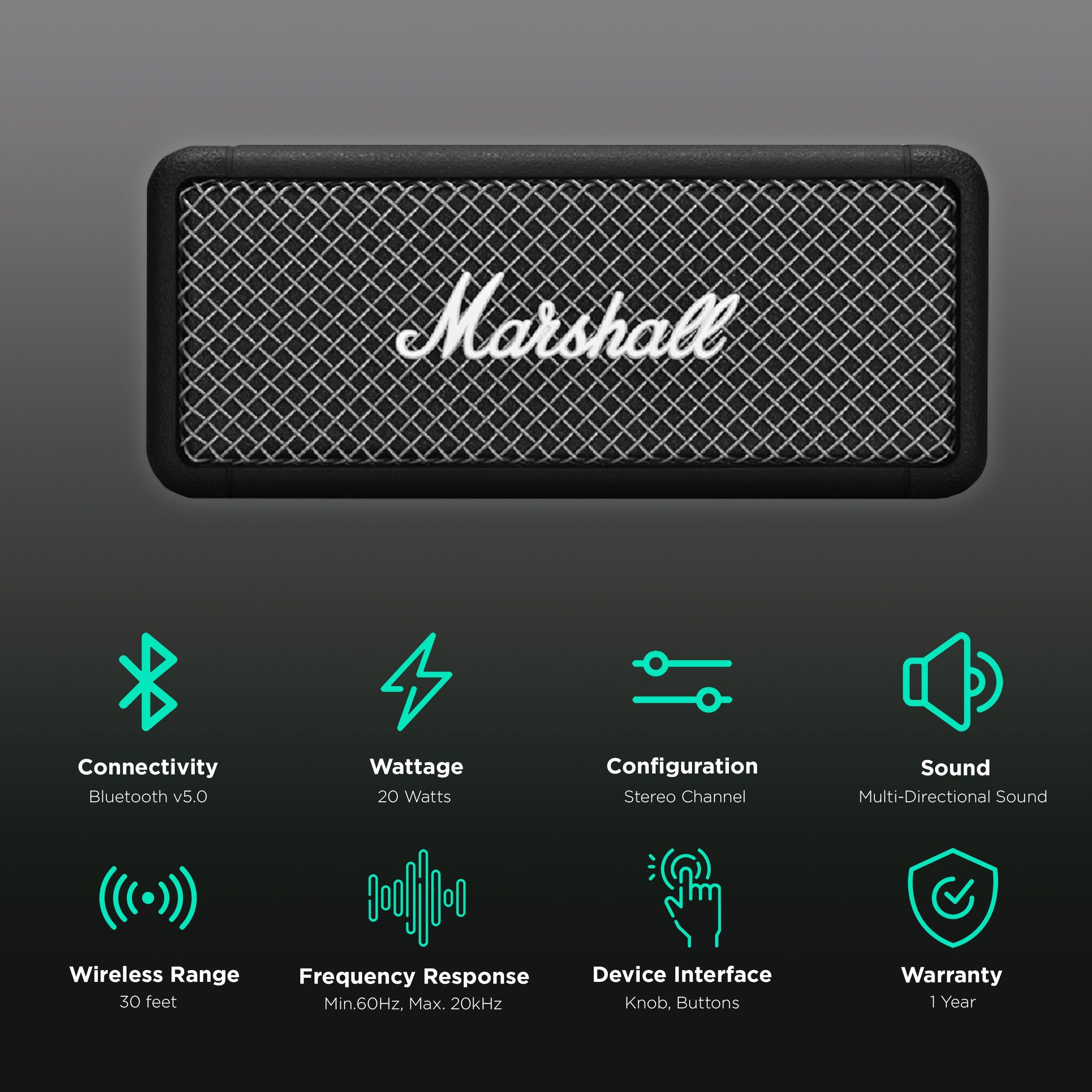 Marshall Emberton 20W Portable Bluetooth Speaker (IPX7 Water Resistant, Superior Signature Sound, Stereo Channel, Black)_2