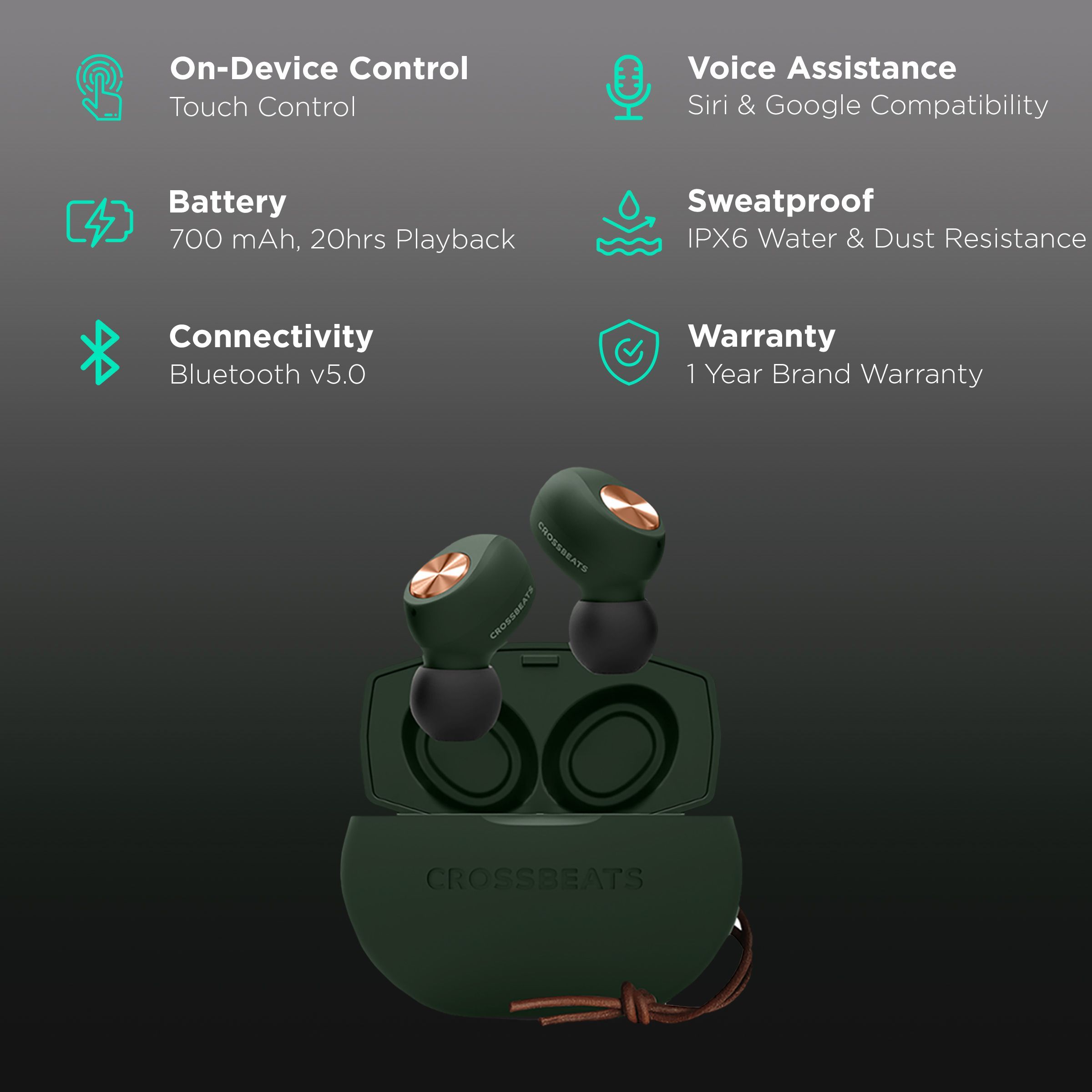 CROSSBEATS Pebble TWS Earbuds with Passive Noise Cancellation (IPX6 Water & Dust Resistant, Deep Bass Technology, Green) CROSSBEATS Pebble TWS Earbuds with Passive Noise Cancellation (IPX6 Water & Dust Resistant, Deep Bass Technology, Green)_2