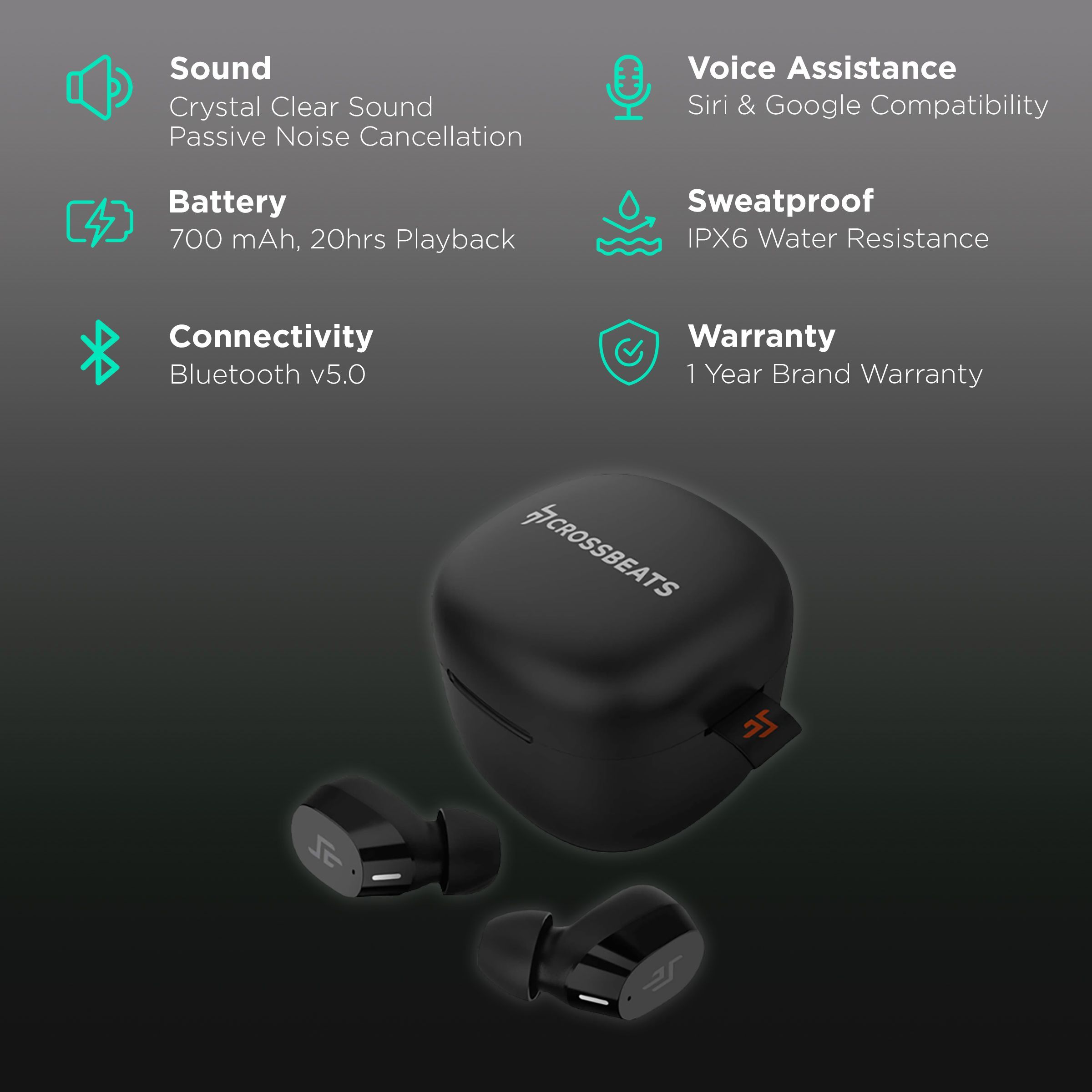 CROSSBEATS Edge TWS Earbuds with Passive Noise Cancellation (IPX6 Water Resistant, 20 Hours Playback, Black)_2