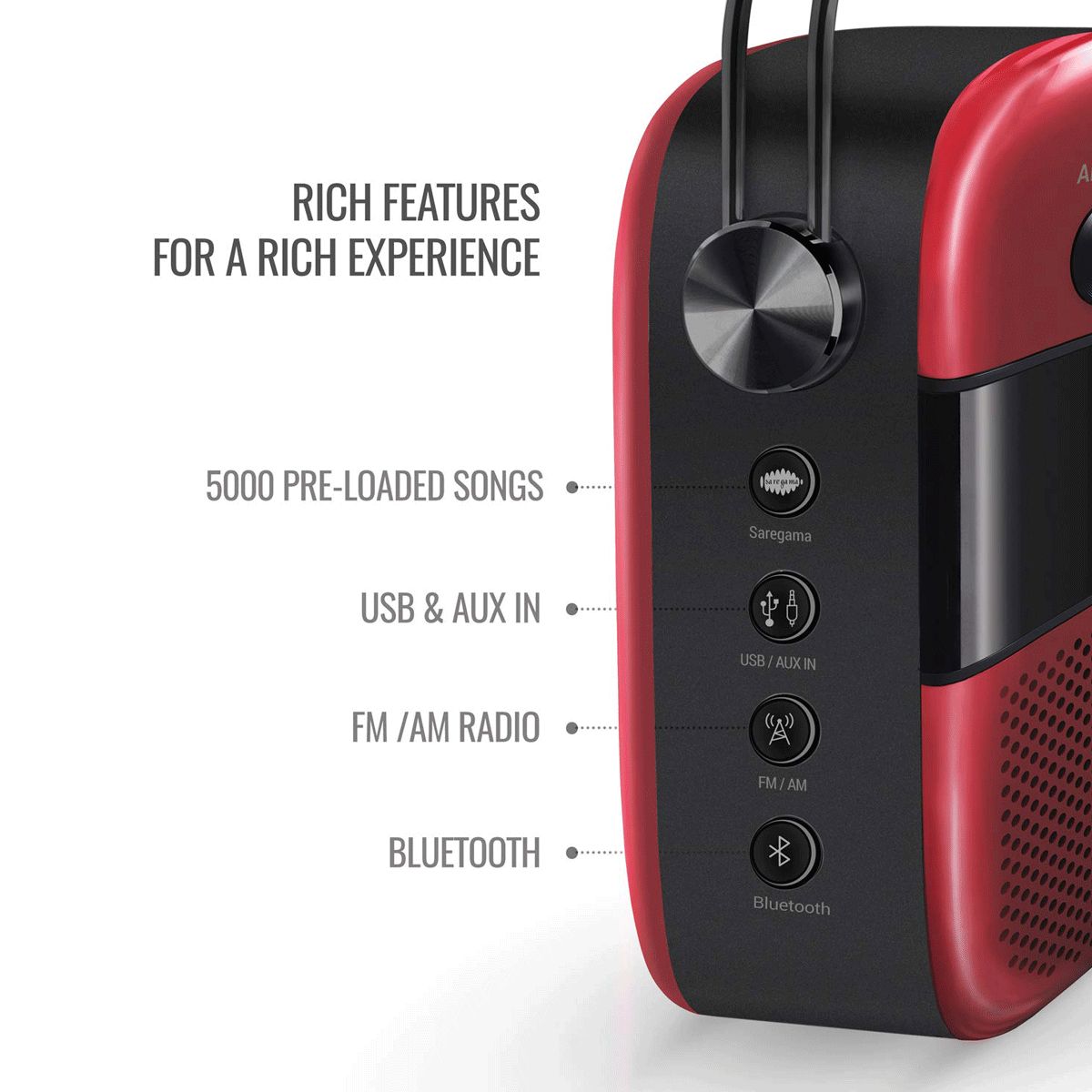 SAREGAMA Carvaan Karaoke 10W Portable Bluetooth Speaker (1000 Pre Loaded Karaoke Tracks, Stereo Channel, Red)_5