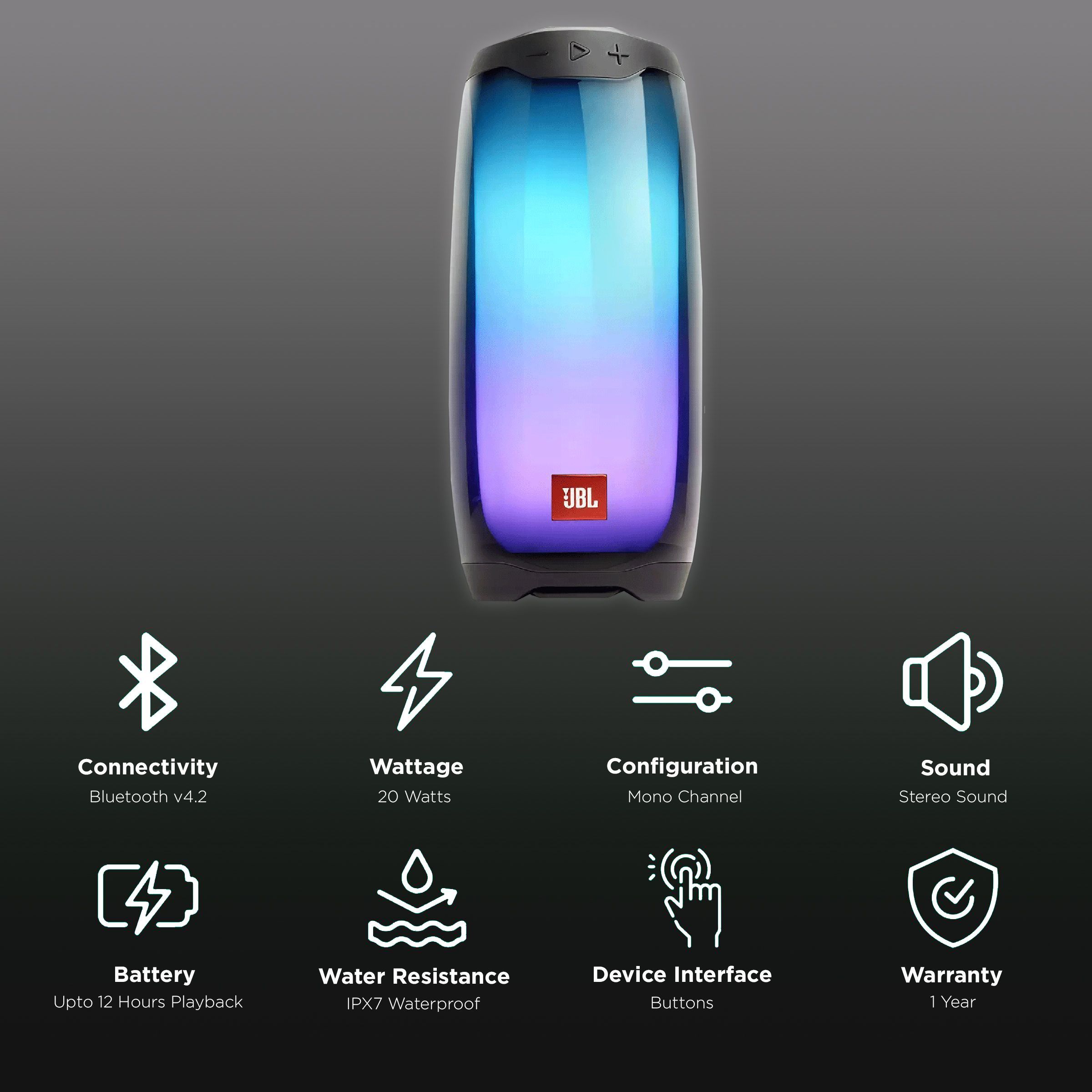 JBL Pulse 4 20W Portable Bluetooth Speaker (IPX7 Waterproof, Stereo Sound, Mono Channel, Black)_2