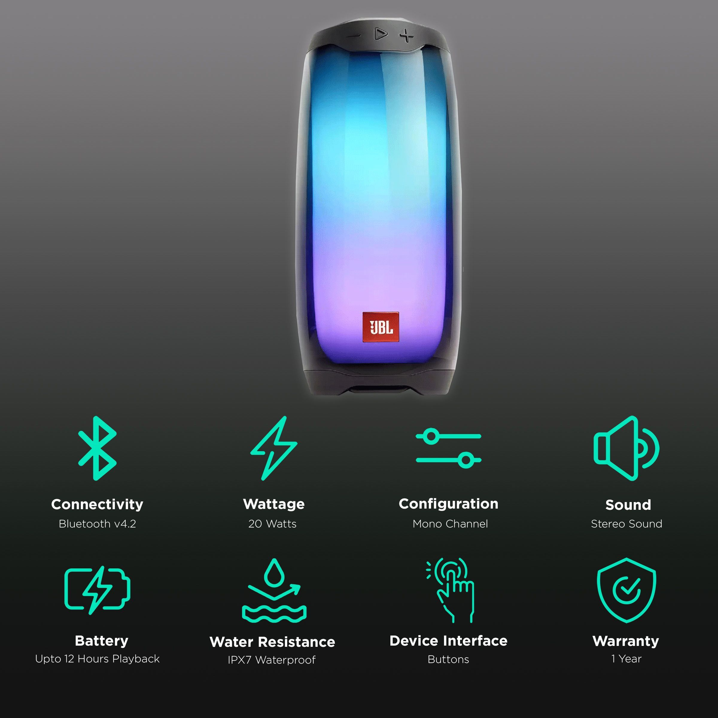 JBL Pulse 4 20W Portable Bluetooth Speaker (IPX7 Waterproof, Stereo Sound, Mono Channel, Black)_2