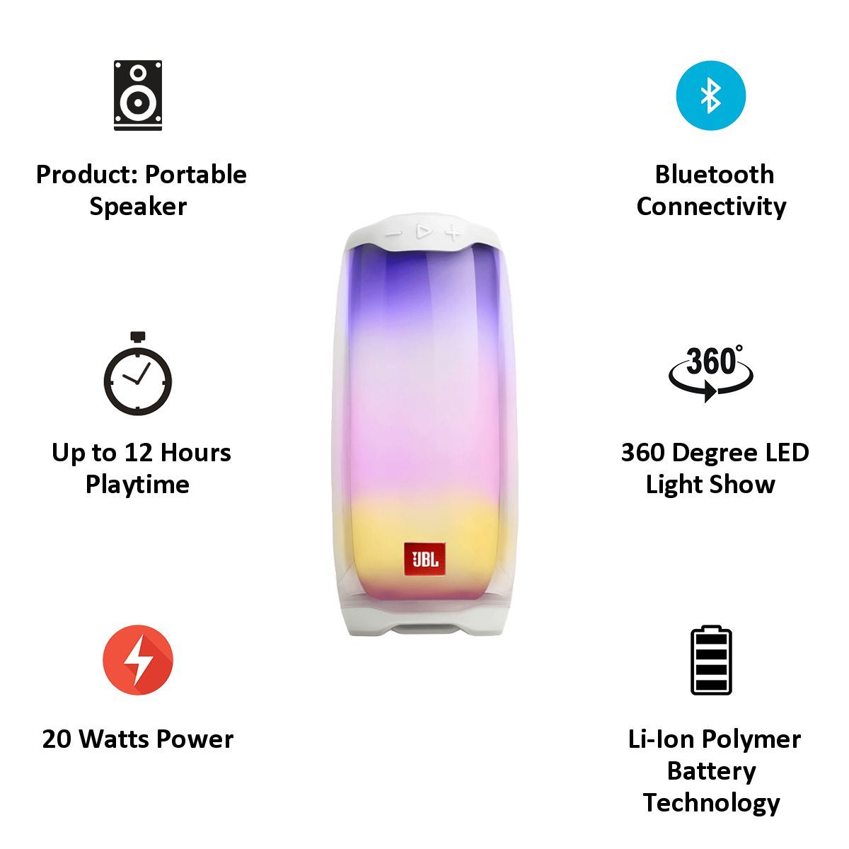 JBL Pulse 4 20 Watts Portable Bluetooth Speaker (360 Degree LED Lightshow, JBLPULSE4WHT, White)_3