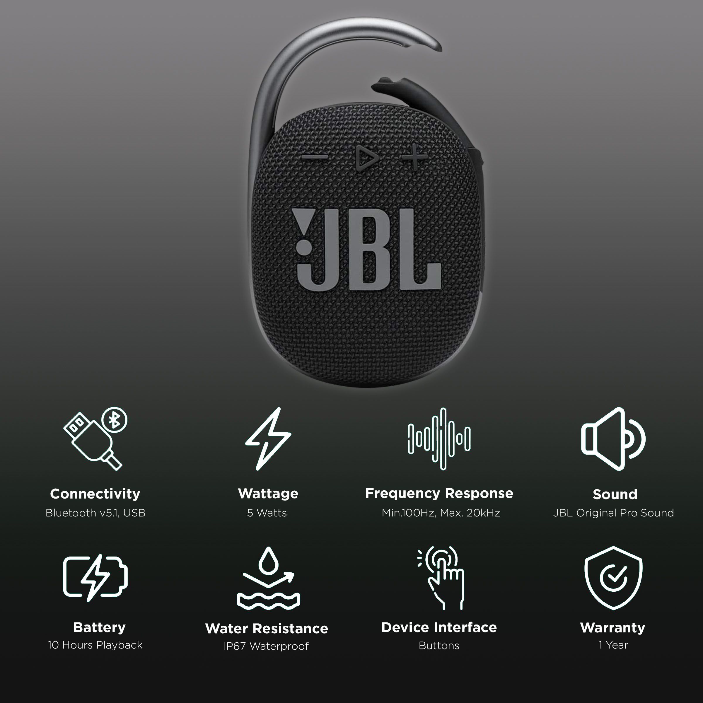 JBL Clip 4 5W Portable Bluetooth Speaker (IP67 Waterproof, 10 Hours Playtime, Black)_2