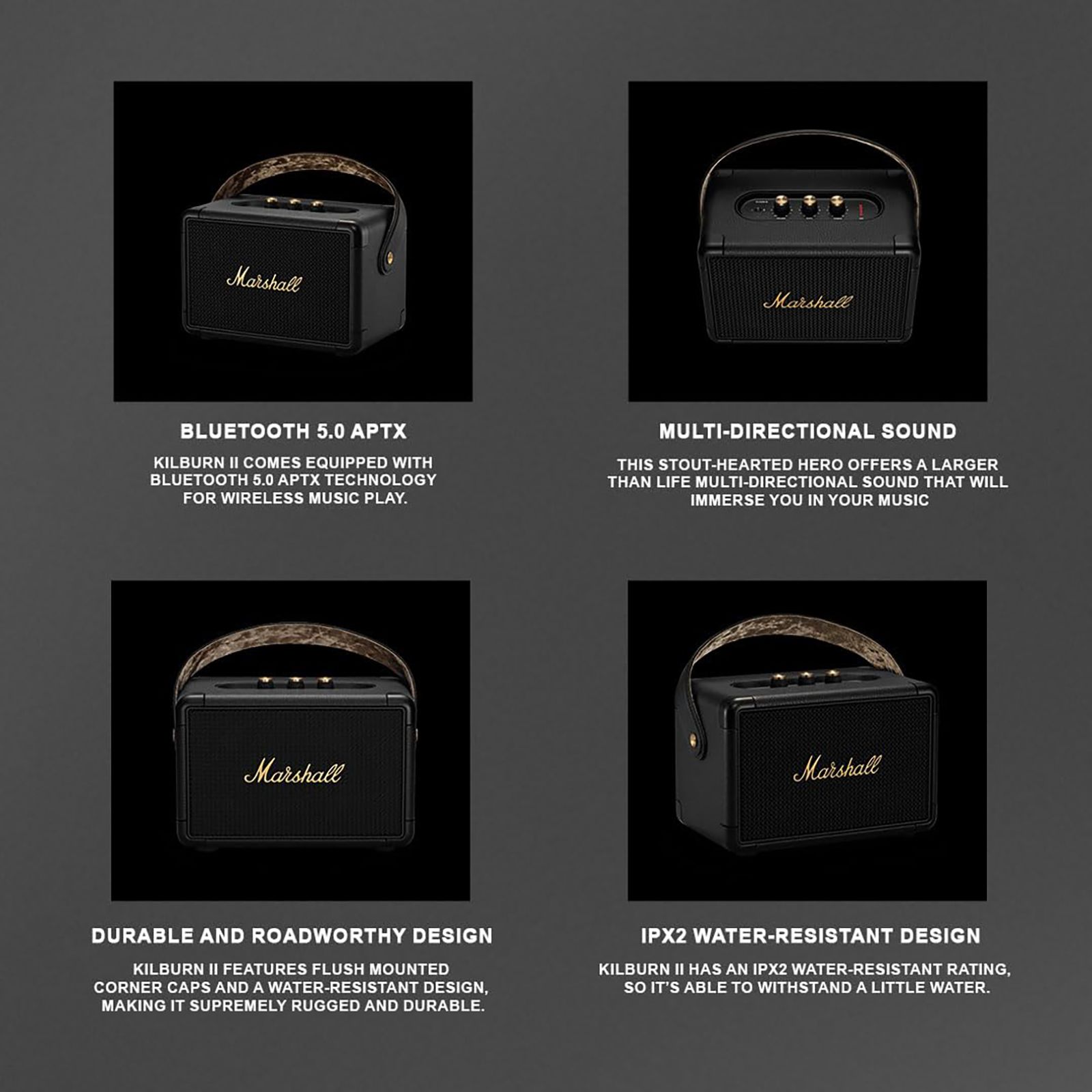 Marshall Kilburn II 36W Portable Bluetooth Speaker (IPX2 Water Resistant, Carrying Strap, Stereo Channel, Black & Brass)_15