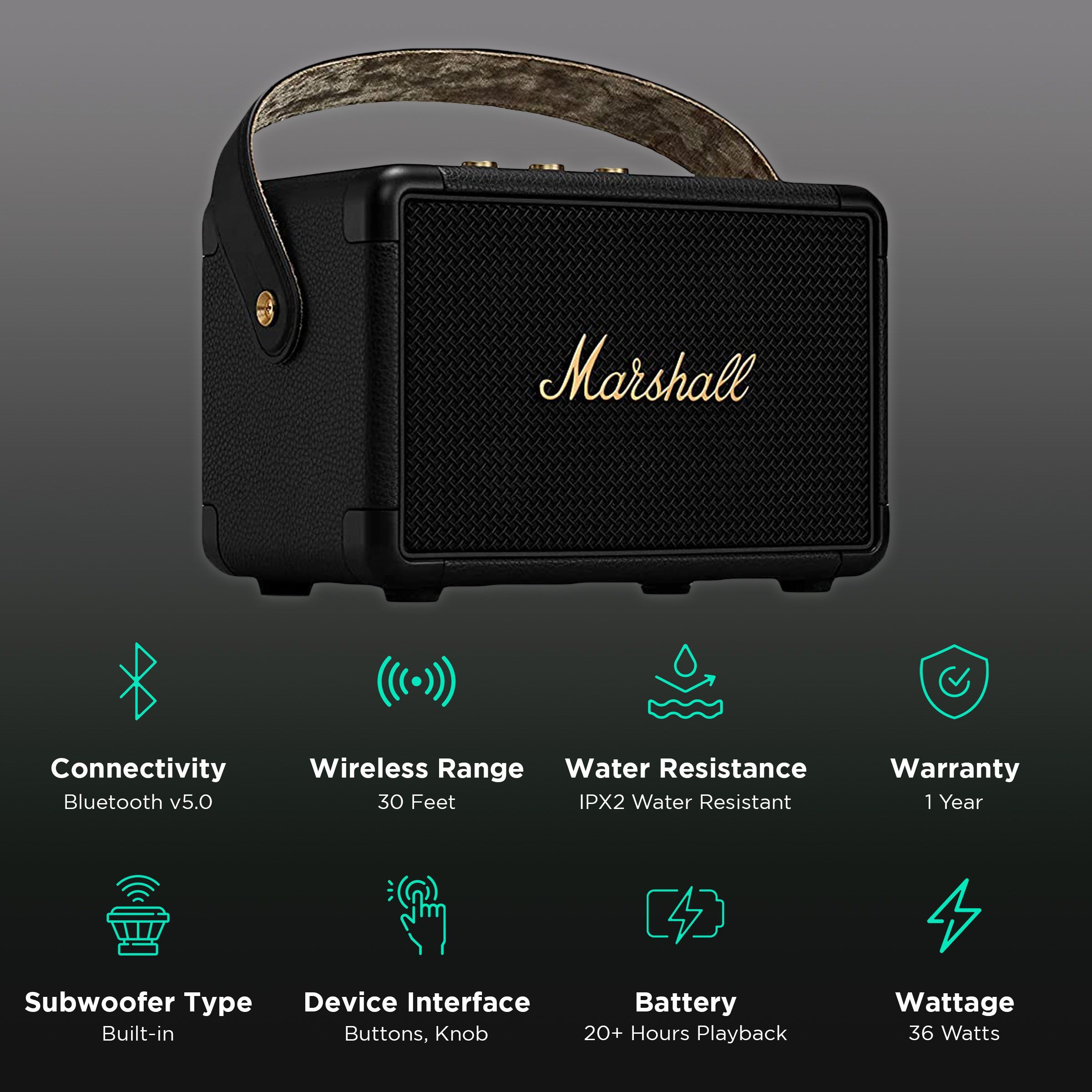 Marshall Kilburn II 36W Portable Bluetooth Speaker (IPX2 Water Resistant, Carrying Strap, Stereo Channel, Black & Brass)_2