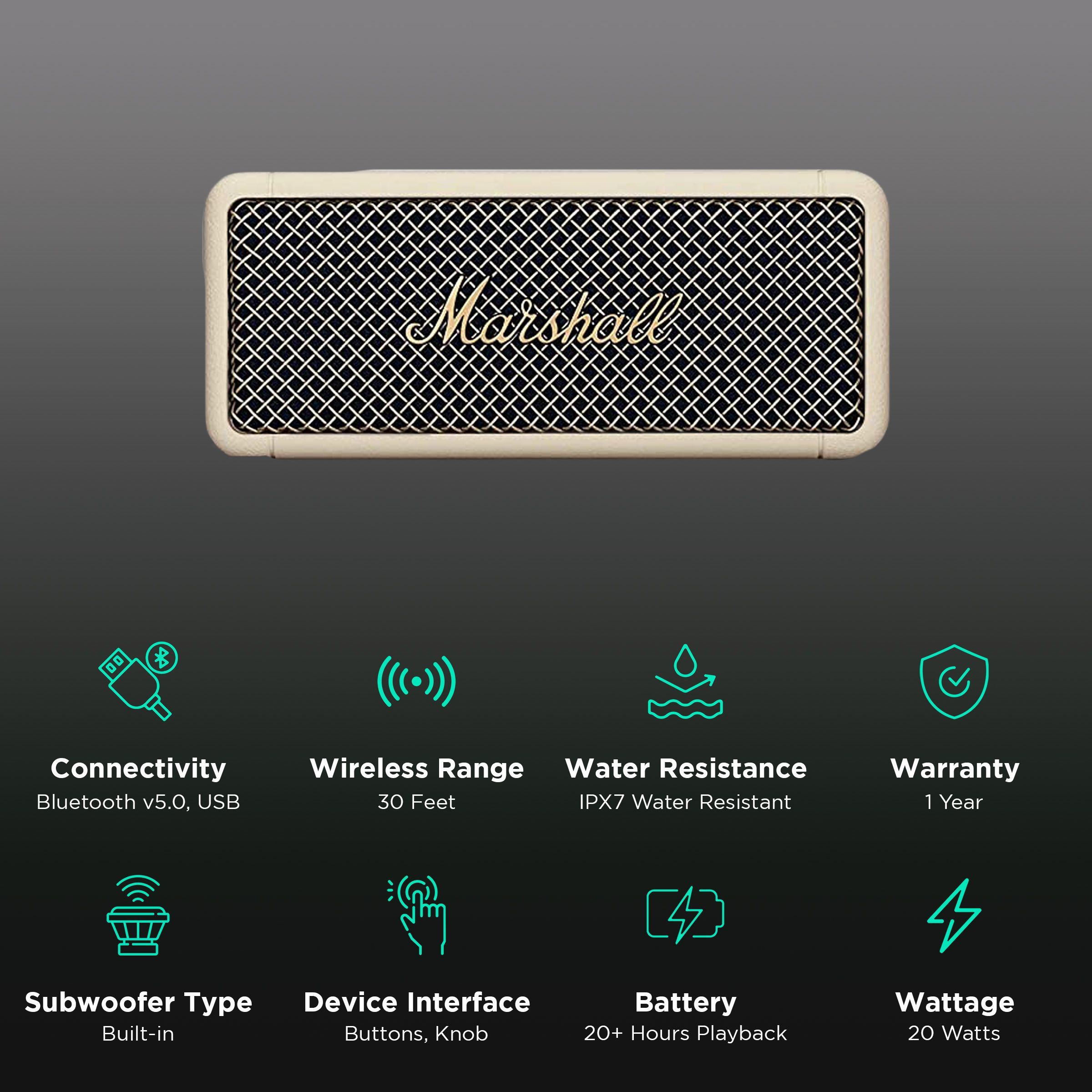 Marshall Emberton 20W Portable Bluetooth Speaker (IPX7 Water Resistant, Superior Signature Sound, Stereo Channel, Cream)_2
