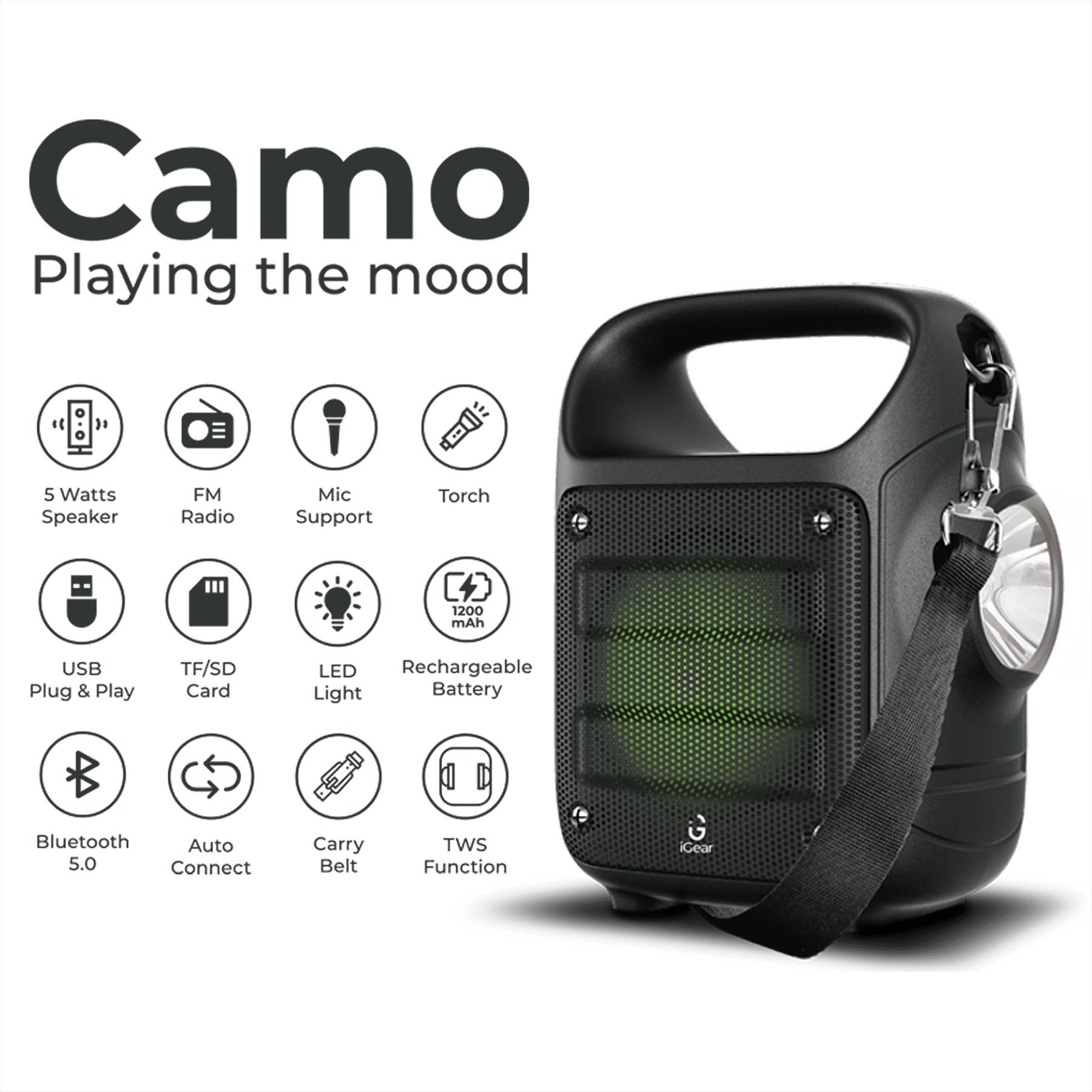 iGear Camo 10W Portable Bluetooth Speaker (Built-in FM Radio, Stereo Channel, Black)_3