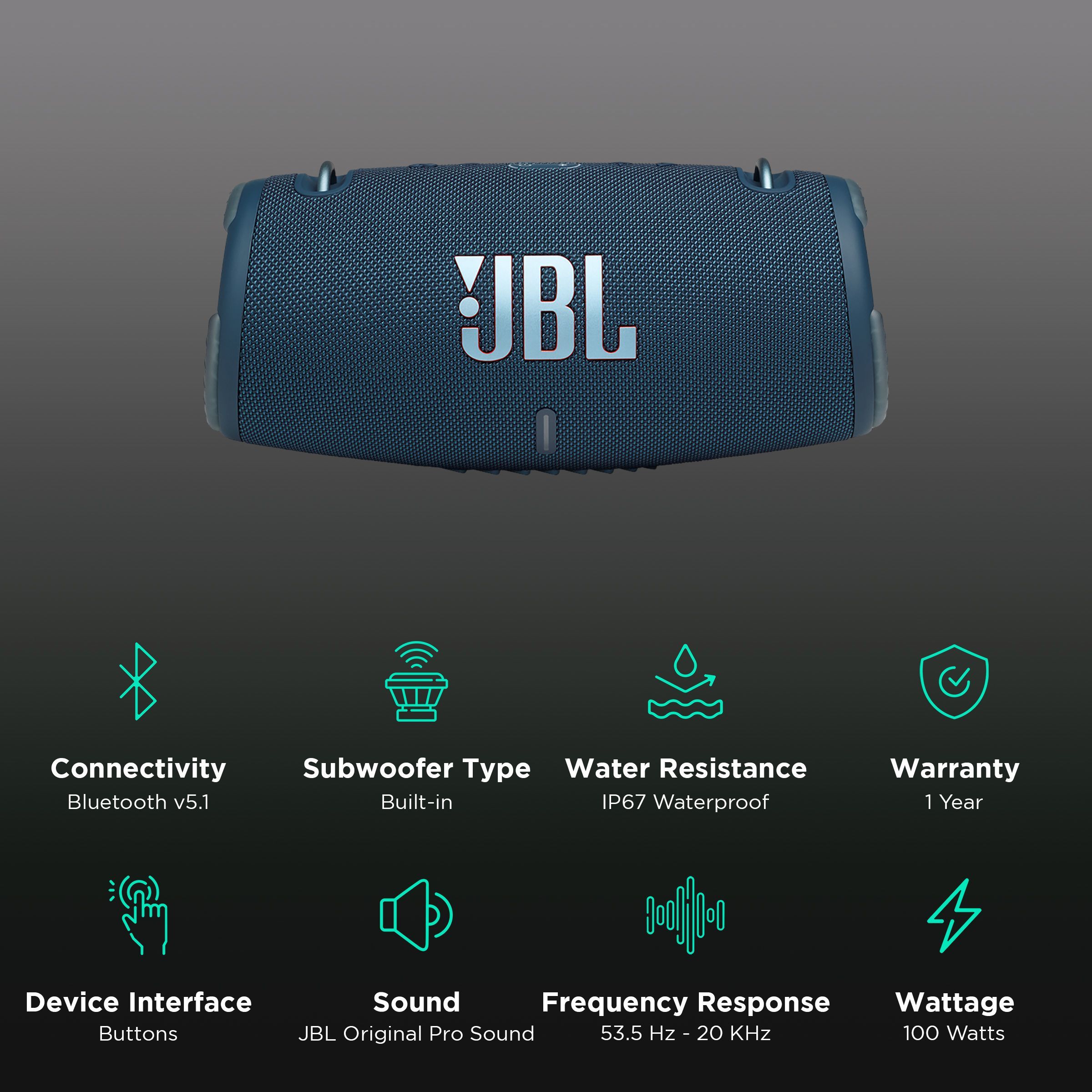 JBL Xtreme 3 100W Portable Bluetooth Speaker (IP67 Waterproof, Built-in Powerbank, Stereo Channel, Blue)_2