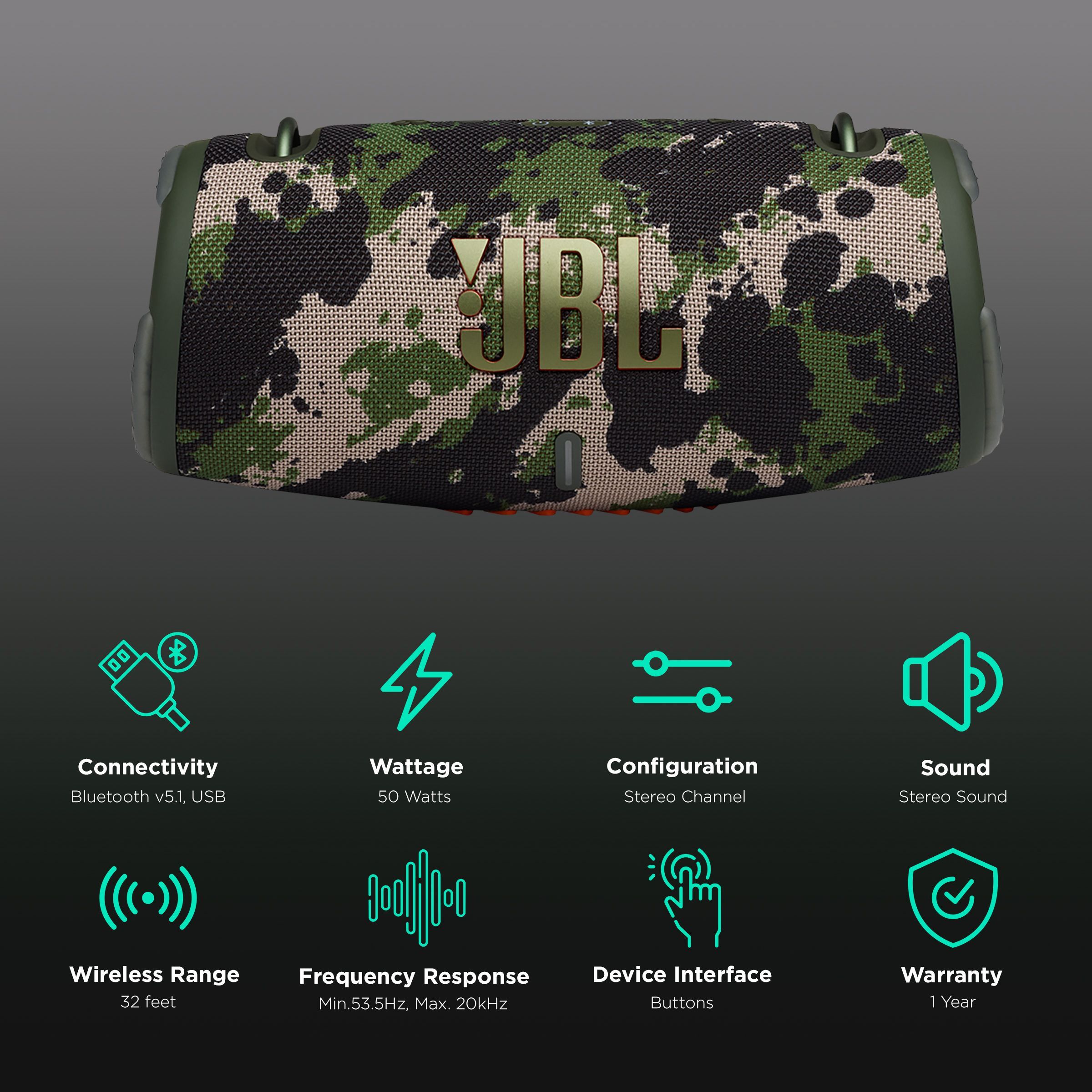 JBL Xtreme 3 50W Portable Bluetooth Speaker (IP67 Water Resistant, Built-in Powerbank, 5.1 Channel, Camo)_2