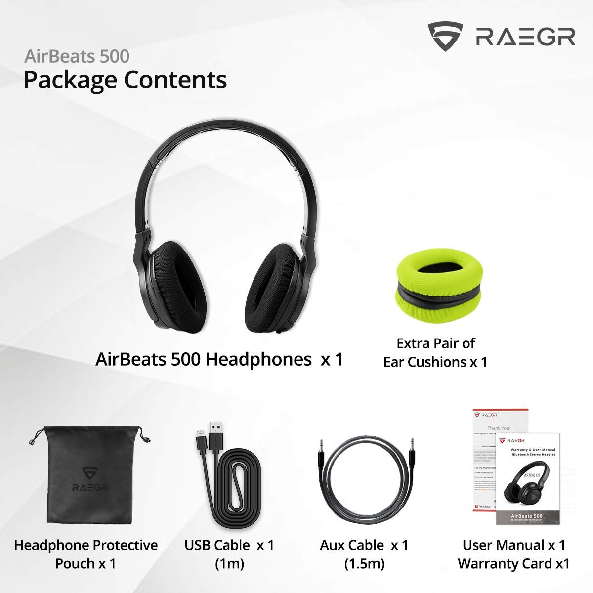 RAEGR AirBeats 500 RG10067 Bluetooth Headphone with Mic (10 Hours Playback, Over Ear, Black & Green)_6
