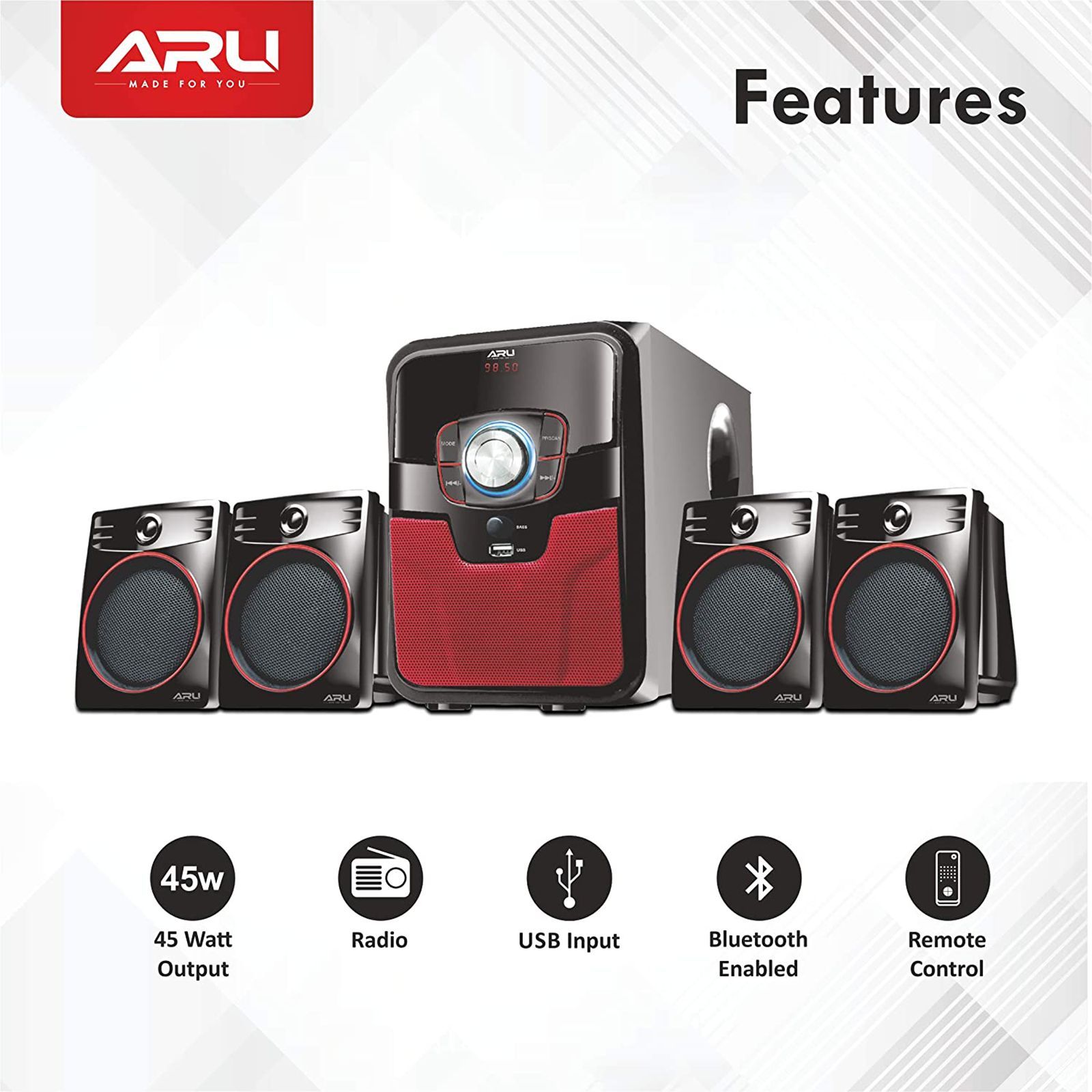 ARU 45W Multimedia Speaker (Inbuilt FM, 4.1 Channel, Black) ARU 45W Multimedia Speaker (Inbuilt FM, 4.1 Channel, Black)_2