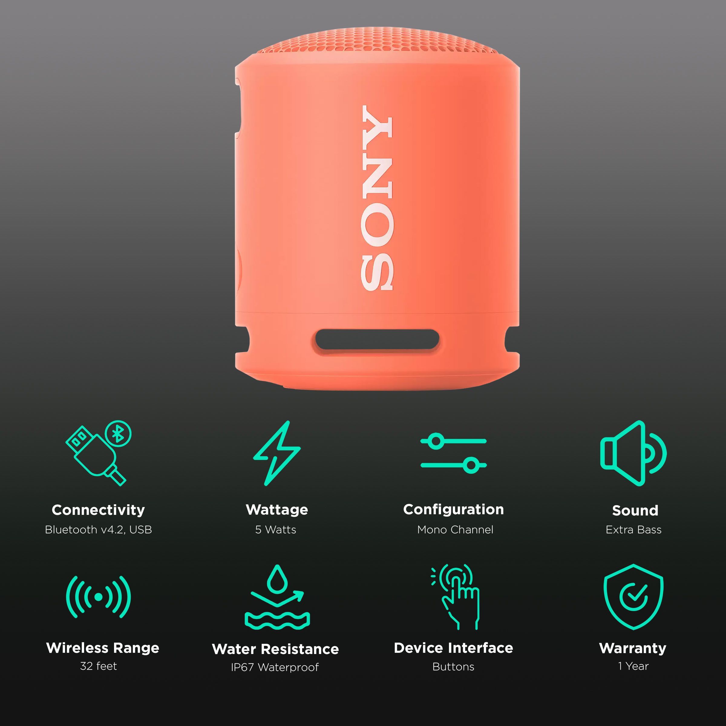 SONY 5W Portable Bluetooth Speaker (IP67 Waterproof, Extra Bass, Mono Channel, Coral Pink)_2