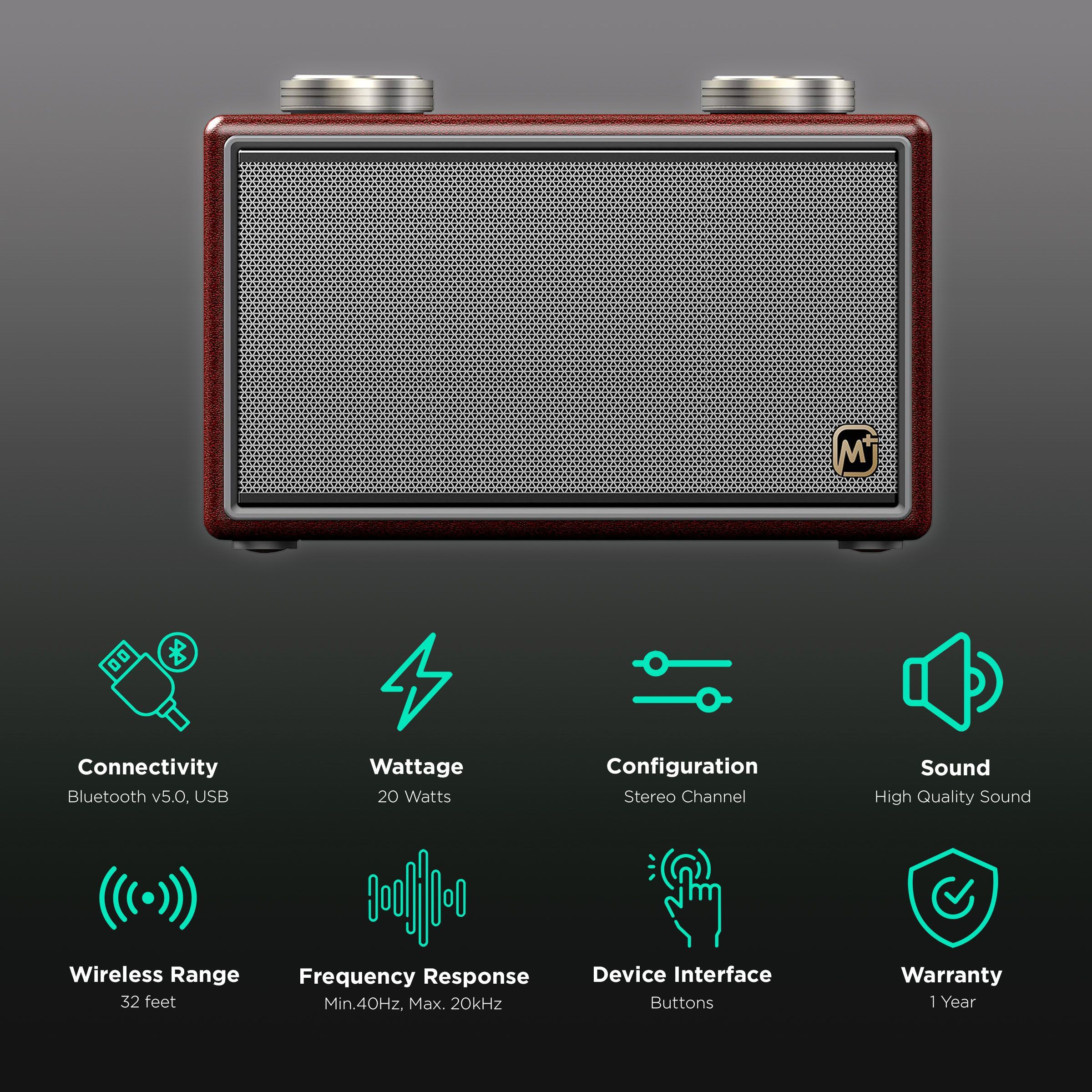 Matata 20W Portable Bluetooth Speaker (Treble & Bass Sound, 2.1 Channel, Brown/Silver)_2