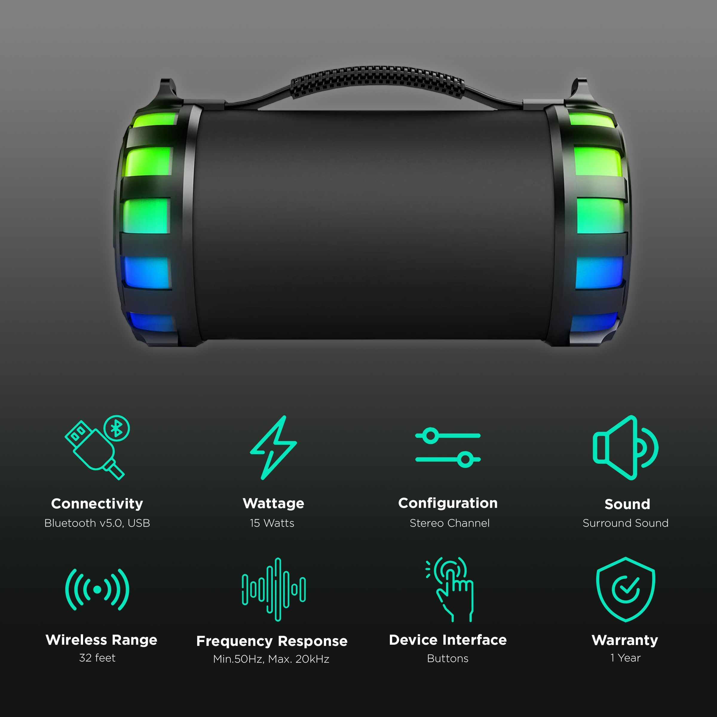 Matata 15W Portable Bluetooth Speaker (Multi Connectivity, 2.0 Channel, Black)_2