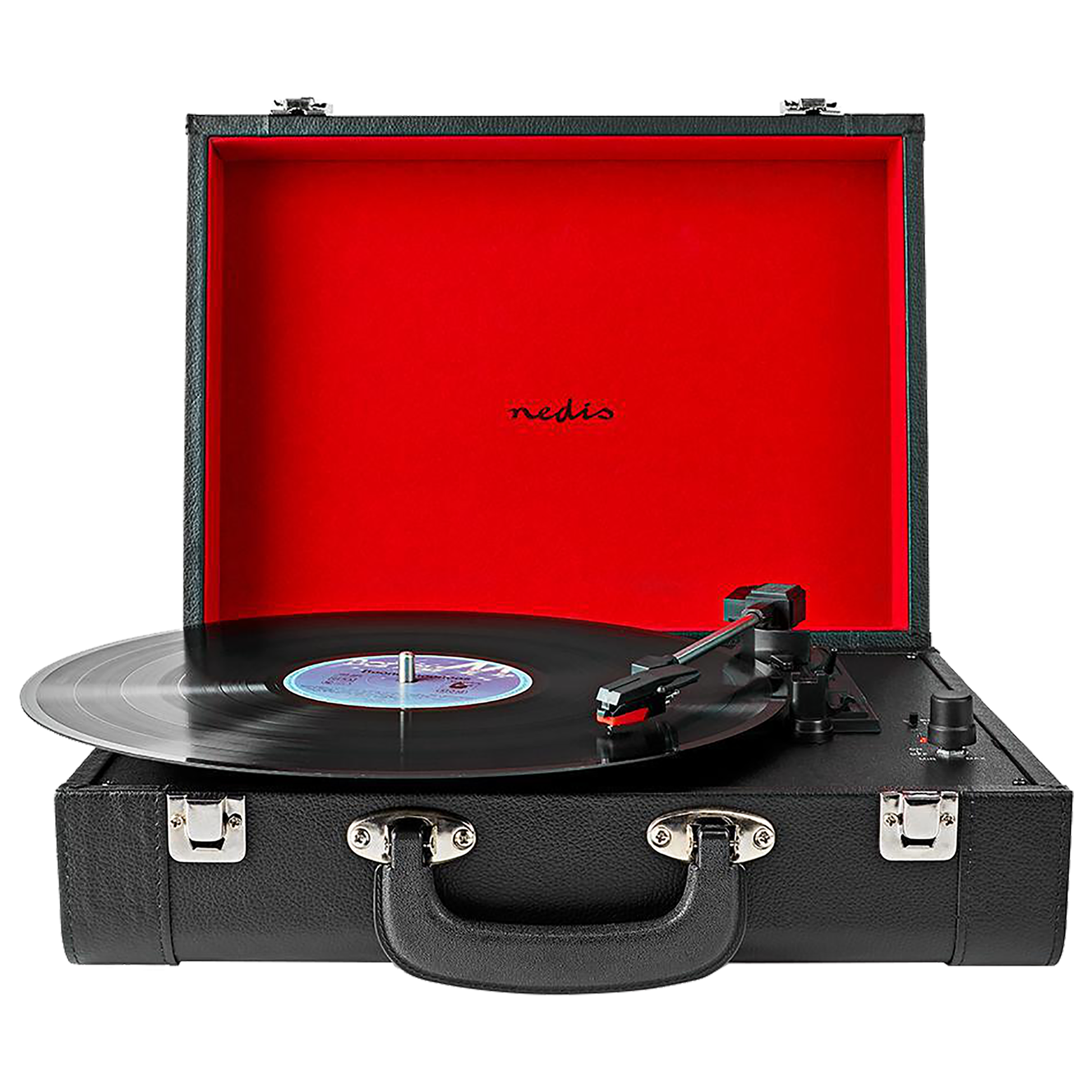 Nedis 2.0 Channel 18 Watts Vinyl Record Player (3 Speed Settings, Portable Breifcase, TURN210BK, Black Red)_1