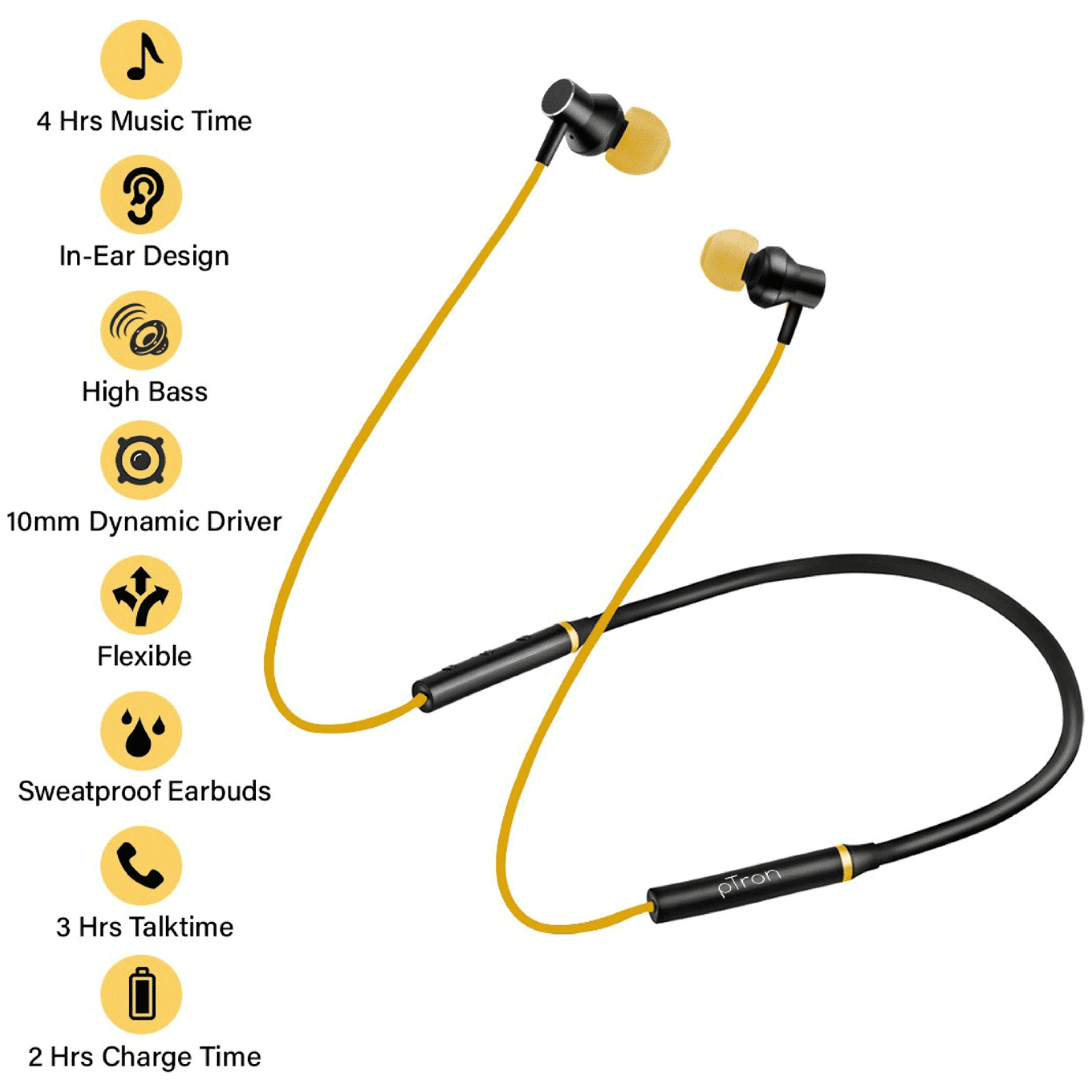 pTron InTunes Beats 140317888 Neckband with Passive Noise Cancellation (Sweat & Dustproof, 6 Hours Playtime, Black & Yellow)_6