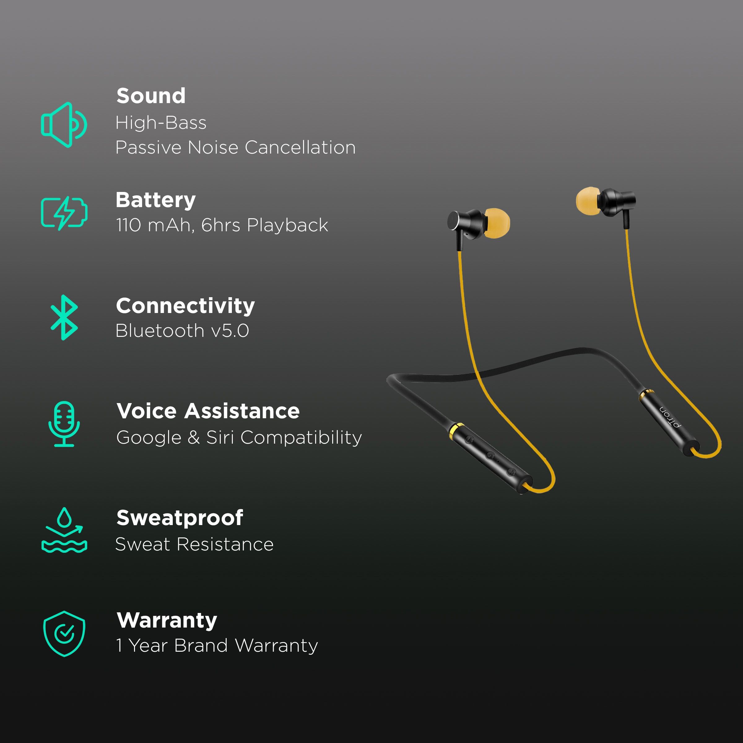 pTron InTunes Beats 140317888 Neckband with Passive Noise Cancellation (Sweat & Dustproof, 6 Hours Playtime, Black & Yellow)_2
