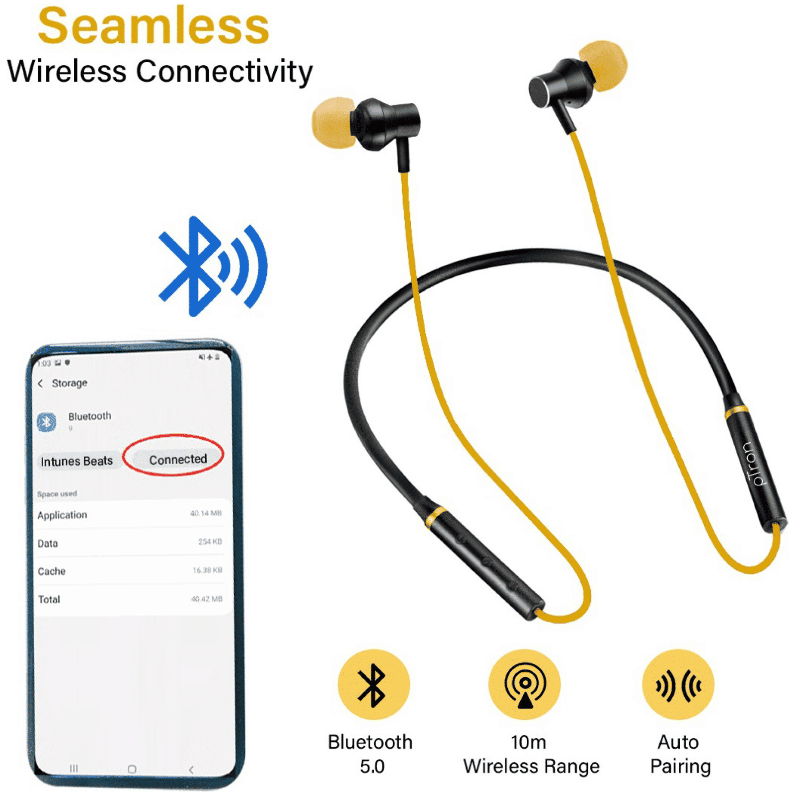 pTron InTunes Beats 140317888 Neckband with Passive Noise Cancellation (Sweat & Dustproof, 6 Hours Playtime, Black & Yellow)_4