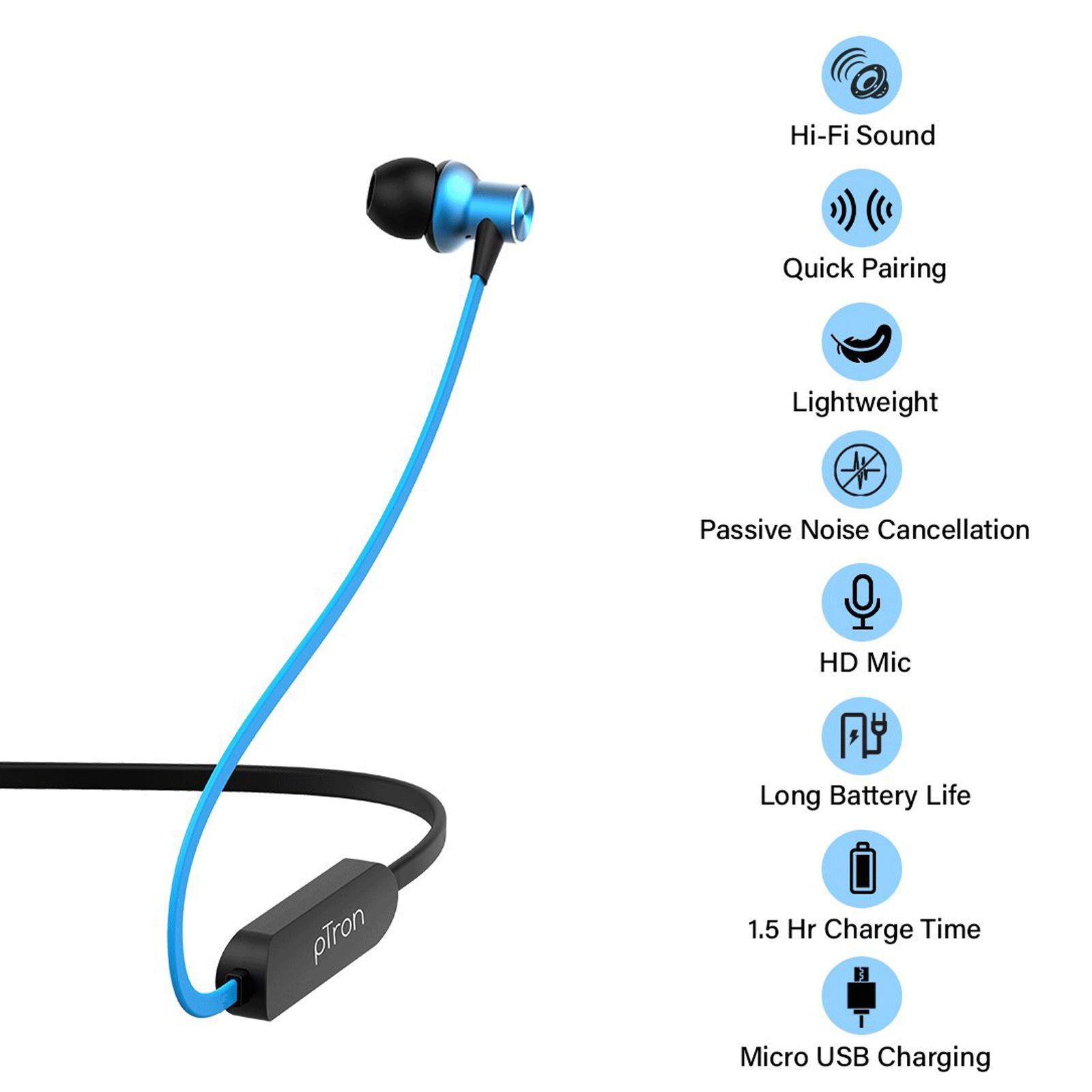 pTron Avento Classic 140317895 Neckband with Passive Noise Cancellation (Sweat & Water Resistant, Hi-Fi Stereo Sound, Black & Blue)_10