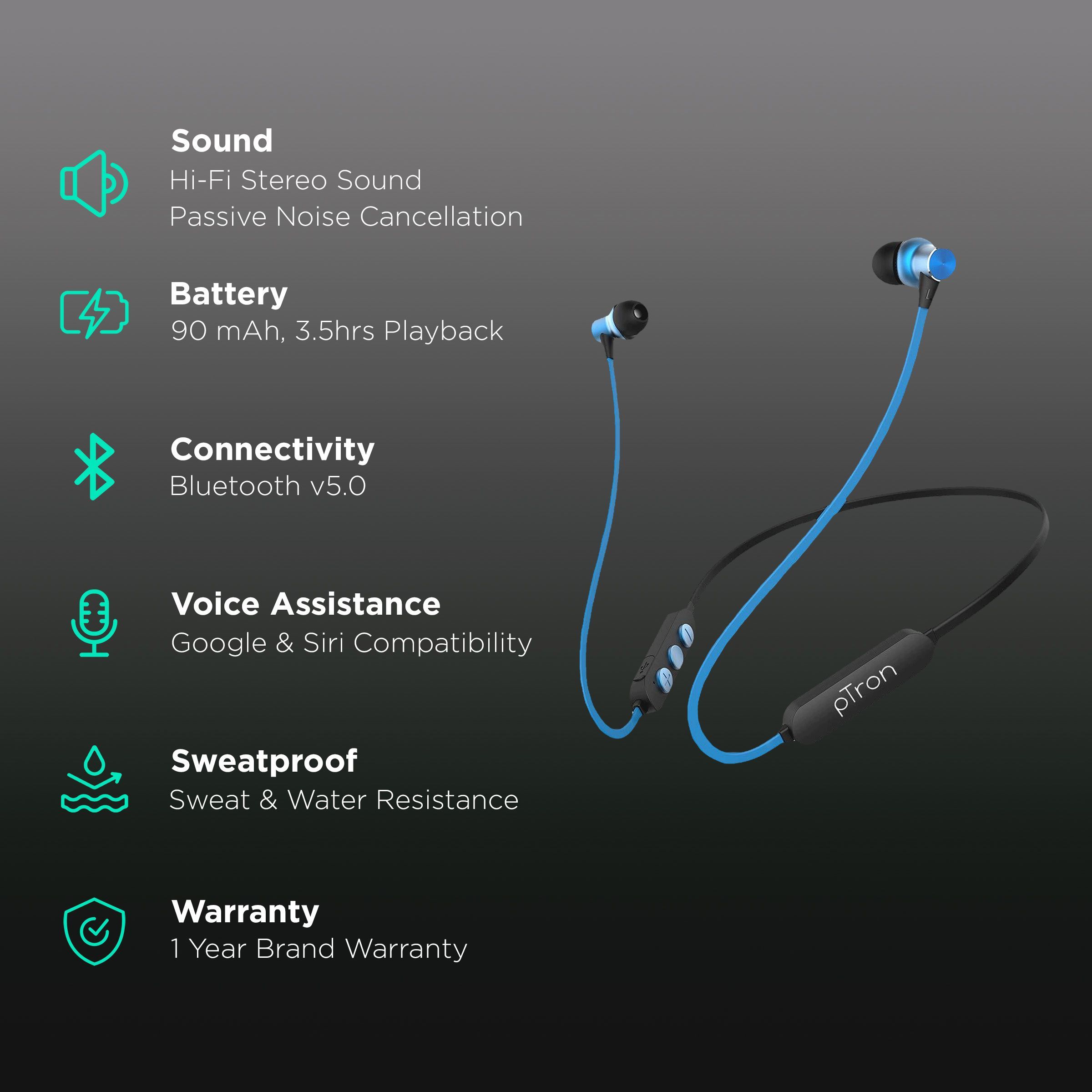 pTron Avento Classic 140317895 Neckband with Passive Noise Cancellation (Sweat & Water Resistant, Hi-Fi Stereo Sound, Black & Blue)_2