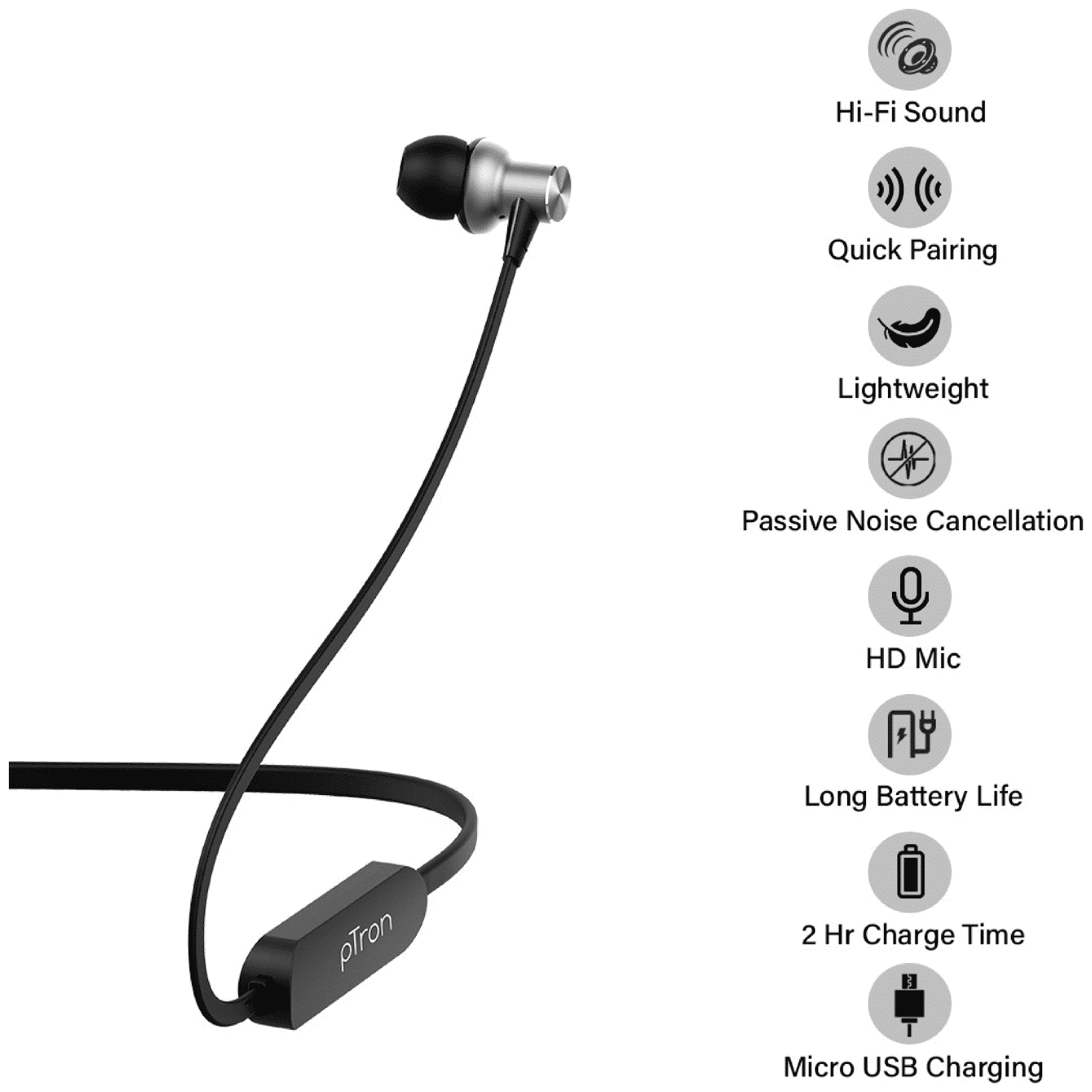 pTron Avento Classic 140317895 Neckband with Passive Noise Cancellation (Sweat & Water Resistant, Hi-Fi Stereo Sound, Black & Grey)_6