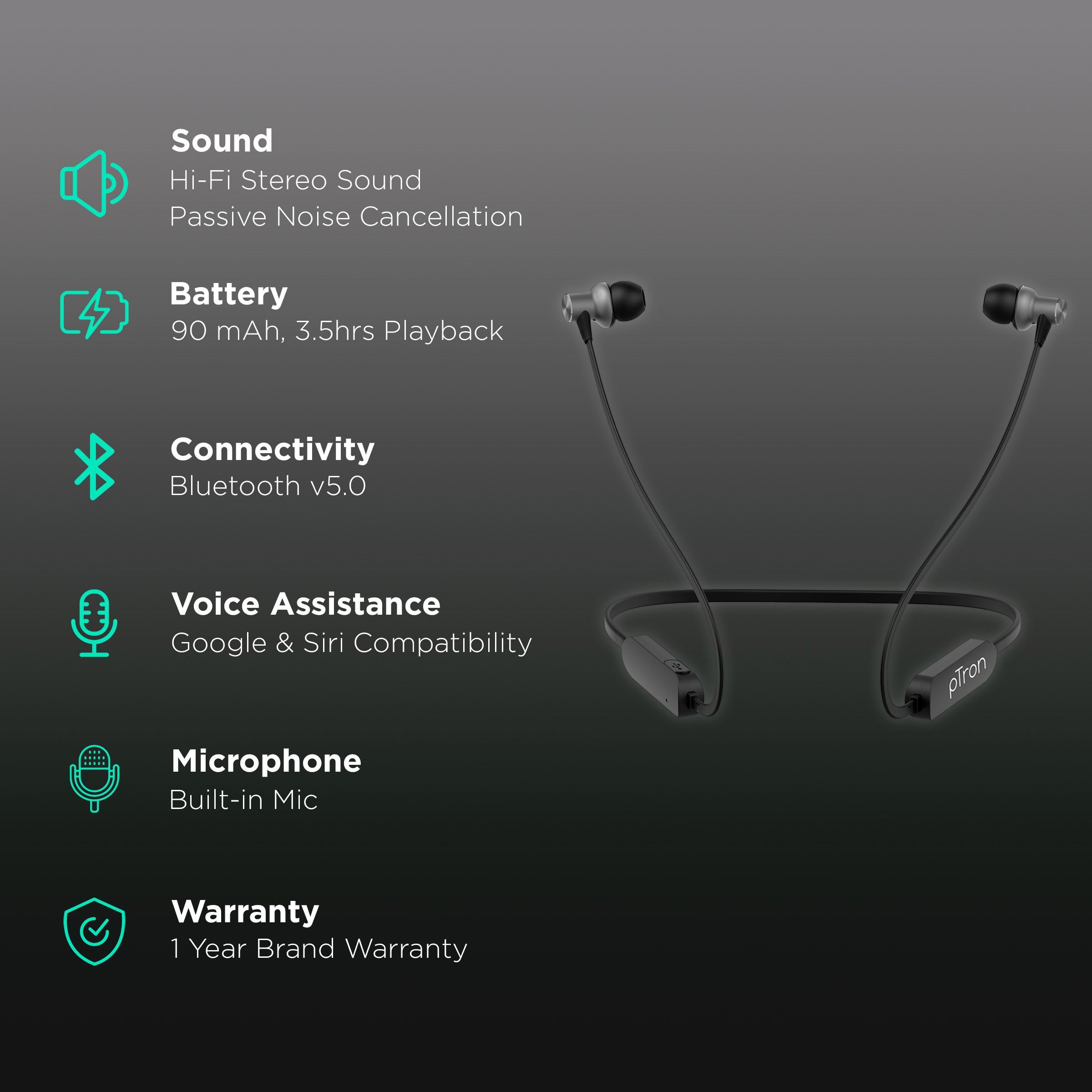 pTron Avento Classic 140317895 Neckband with Passive Noise Cancellation (Sweat & Water Resistant, Hi-Fi Stereo Sound, Black & Grey)_2
