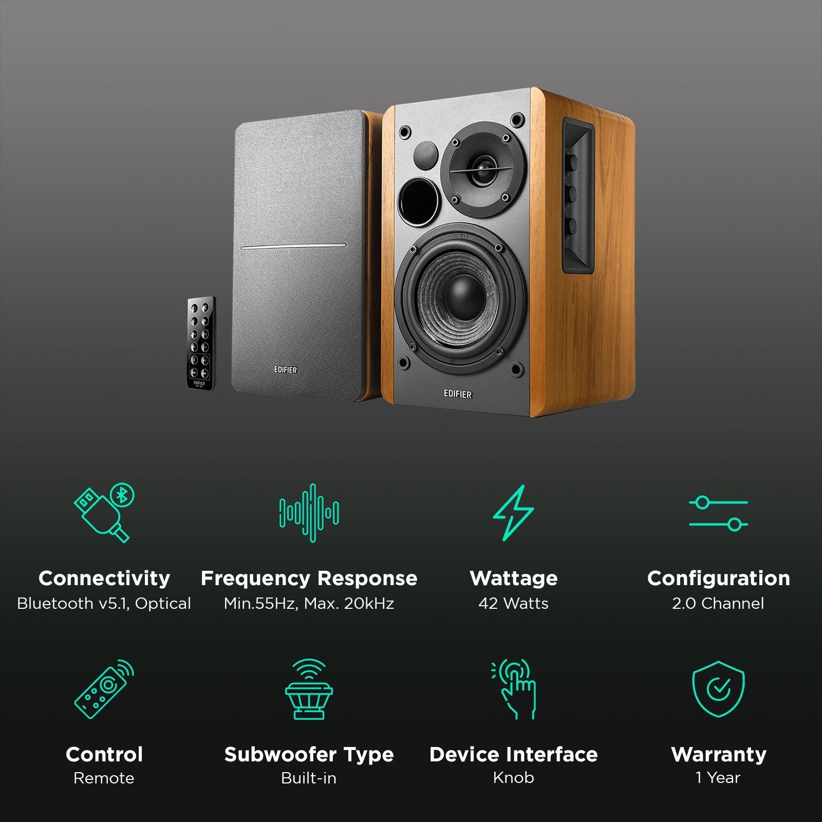 EDIFIER 42W RMS Multimedia Speaker (Powerful Bookshelf, 2.0 Channel, Brown)_3