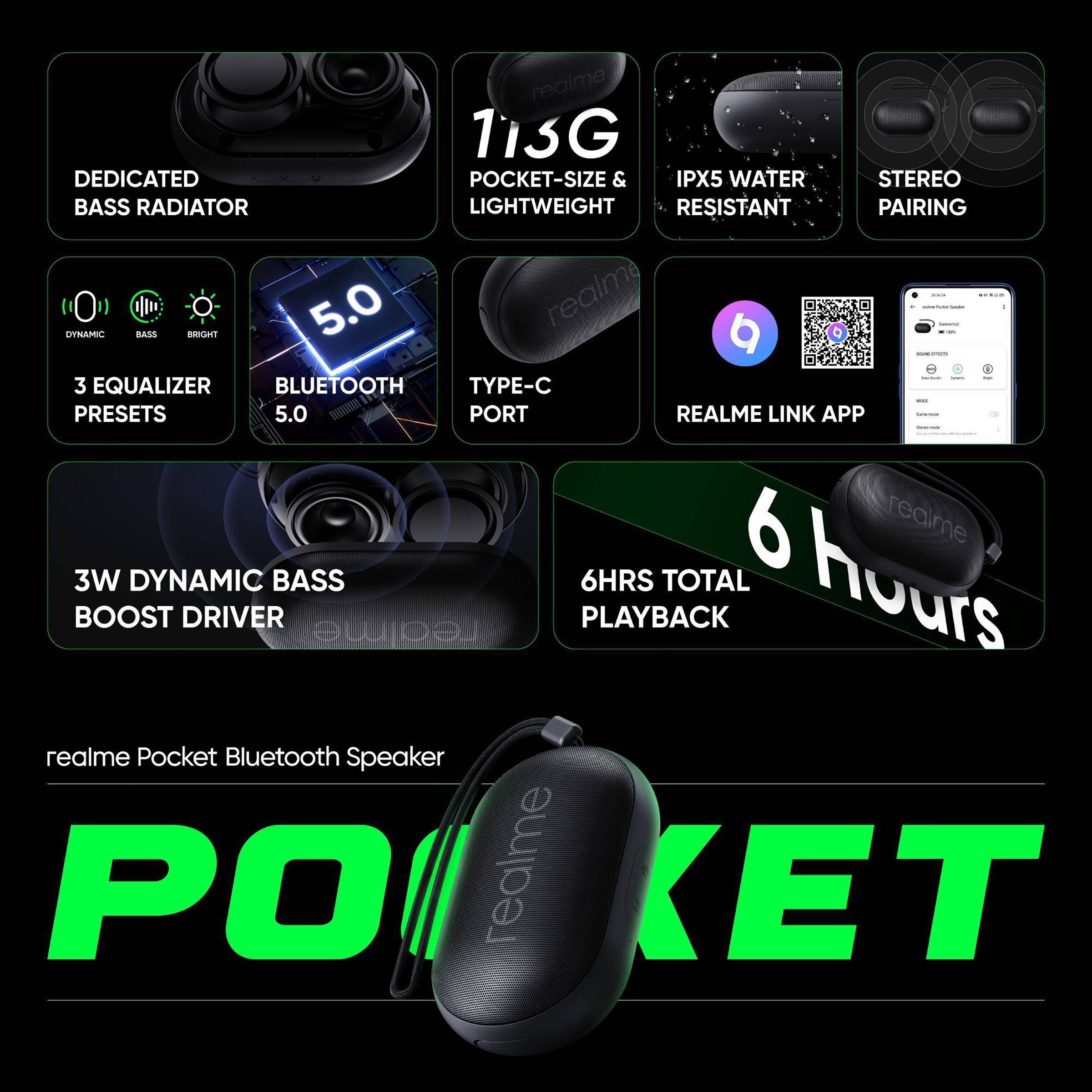 realme Pocket 3W Portable Bluetooth Speaker (IPX5 Water Resistant, 3 Equalizer Preset, Stereo Channel, Classic Black)_6