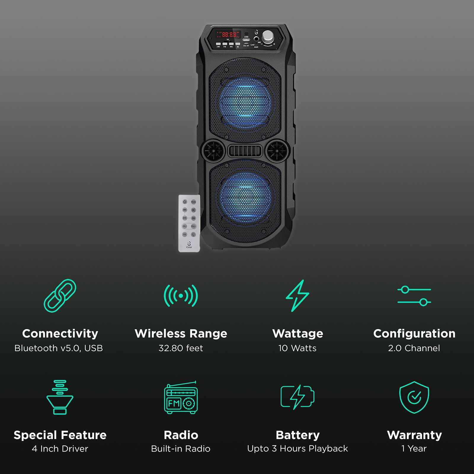 iGear Dynamo 16W Bluetooth Party Speaker with Mic (Built-in LED Light, 2.0 Channel, Black) iGear Dynamo 16W Bluetooth Party Speaker with Mic (Built-in LED Light, 2.0 Channel, Black)_2